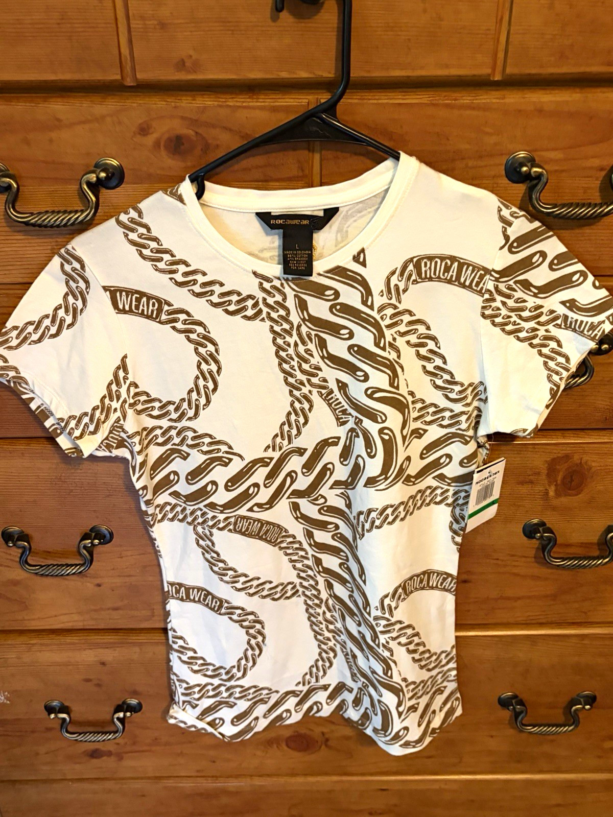 Rocawear Women’s L White Brown Logo Print Crew Neck Short Sleeve Stretch Tee