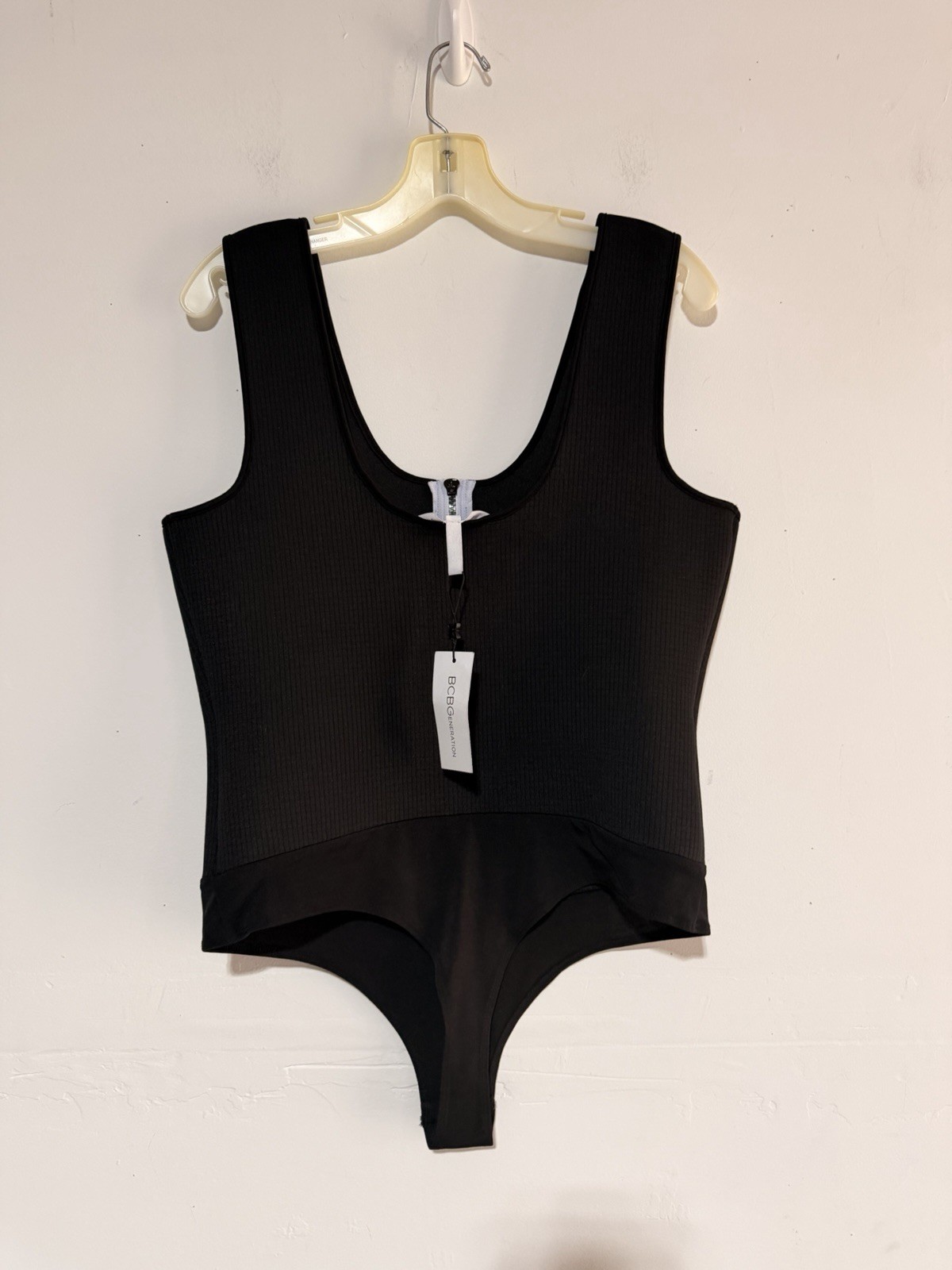 New BCBG Generation Bodysuit Black Zip Up Size L Stretchy