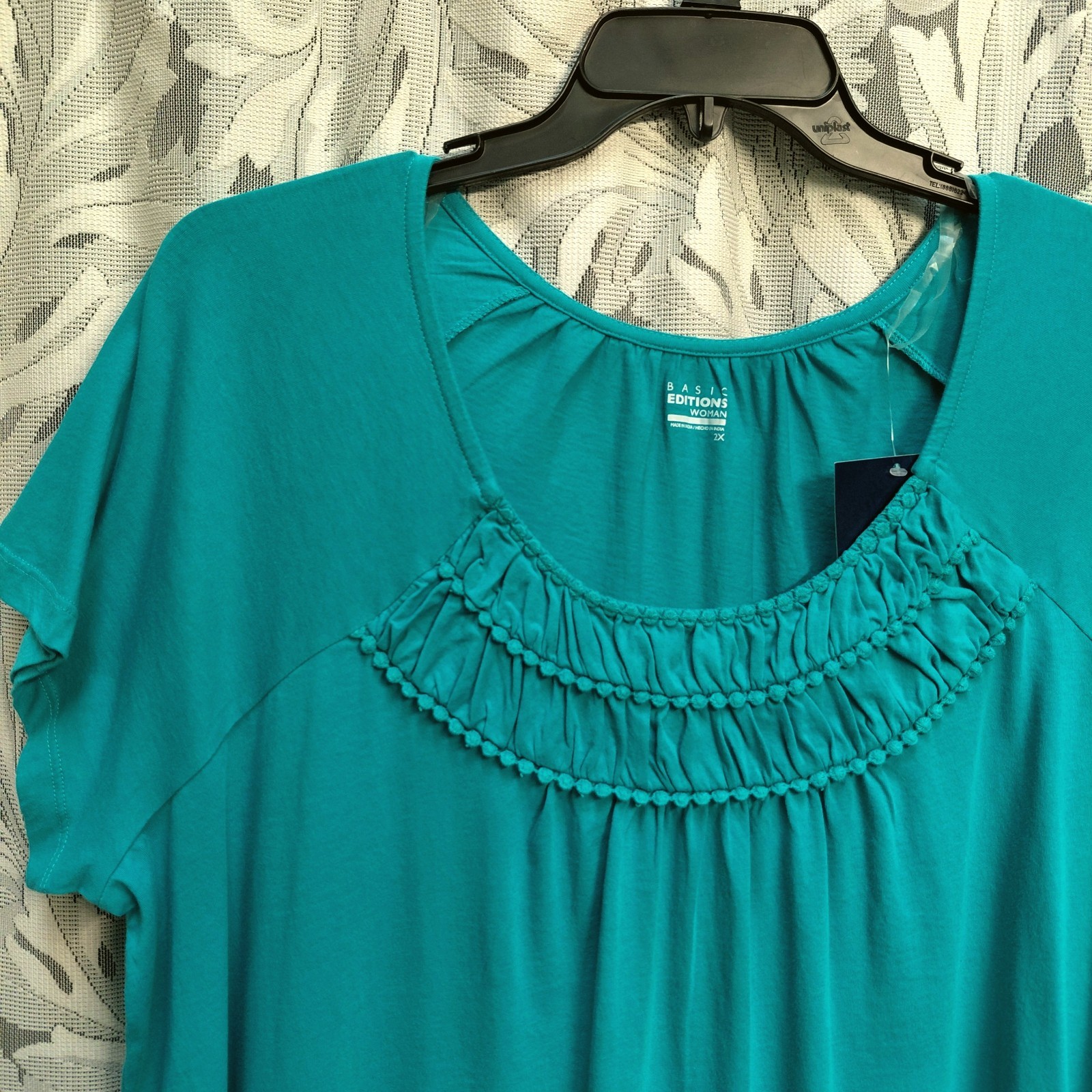 2X BASIC EDITIONS 100% COTTON STRETCH KNIT TEAL RUCHED TOP T-SHIRT NEW OLD STOCK