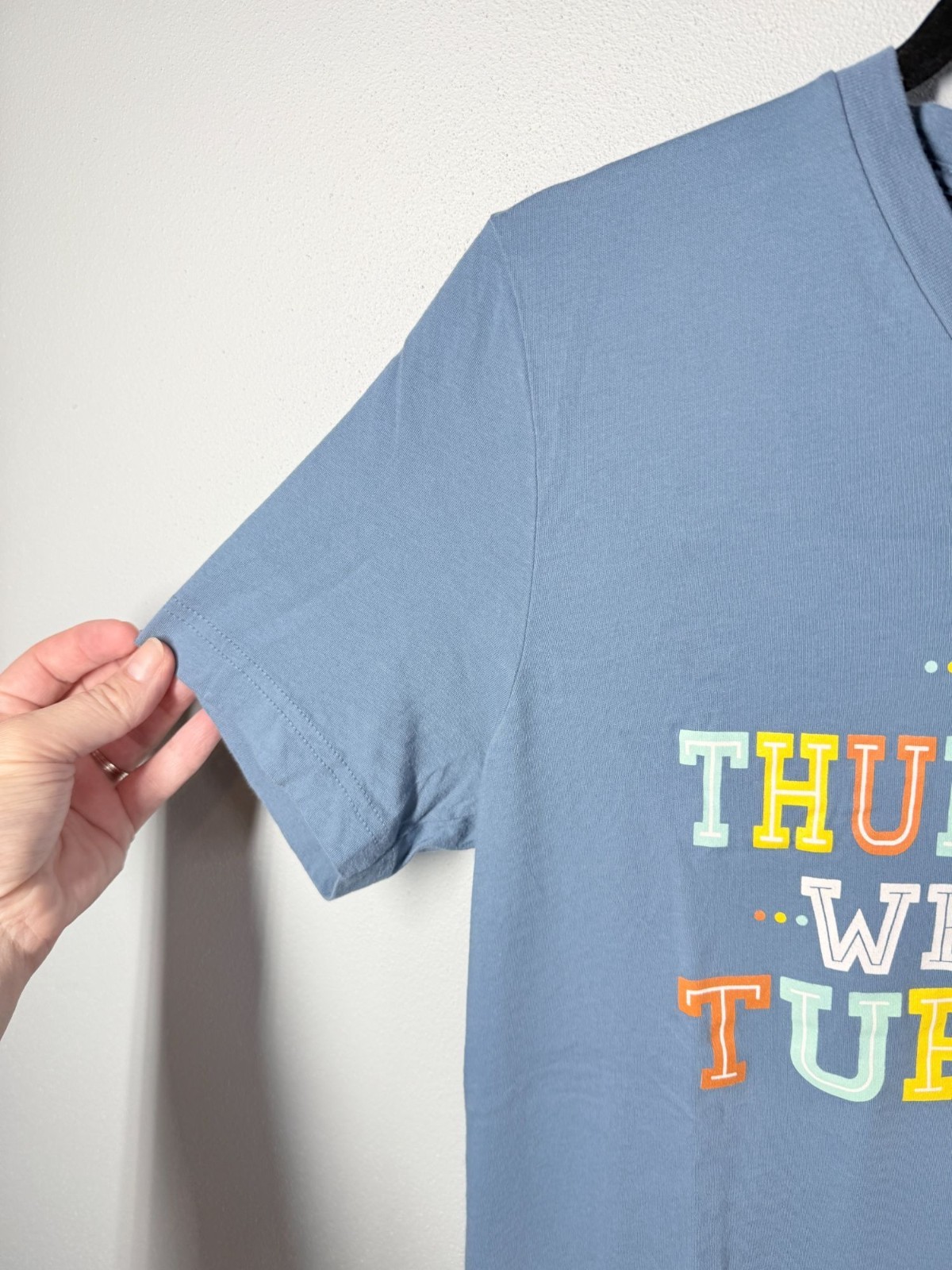 Womens Medium Funny Thanksgiving T-Shirt V Neck Light Blue Graphic Holiday Tee