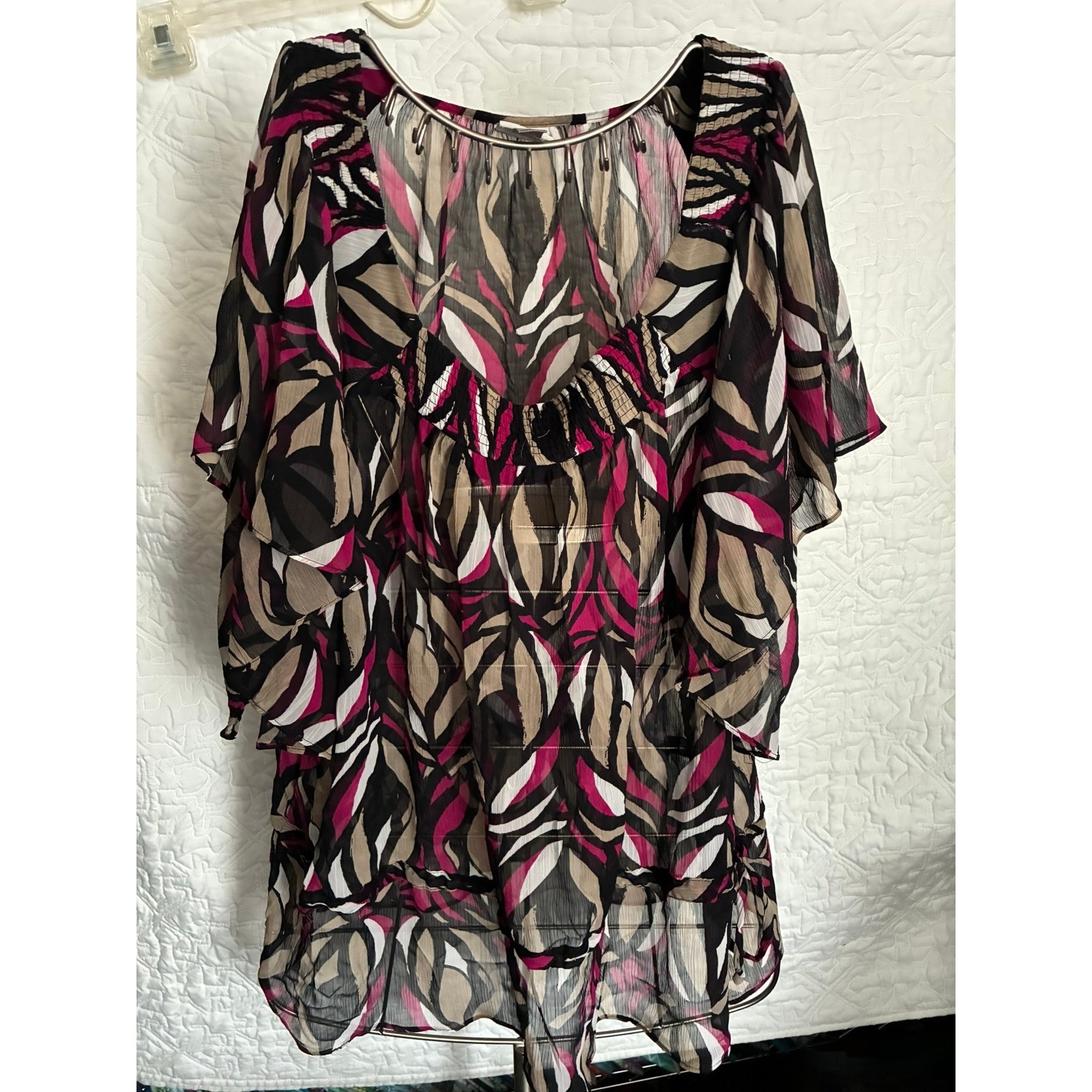 Worthington Woman Pink Black Abstract Chiffon Flutter Sleeve Blouse Top 2X
