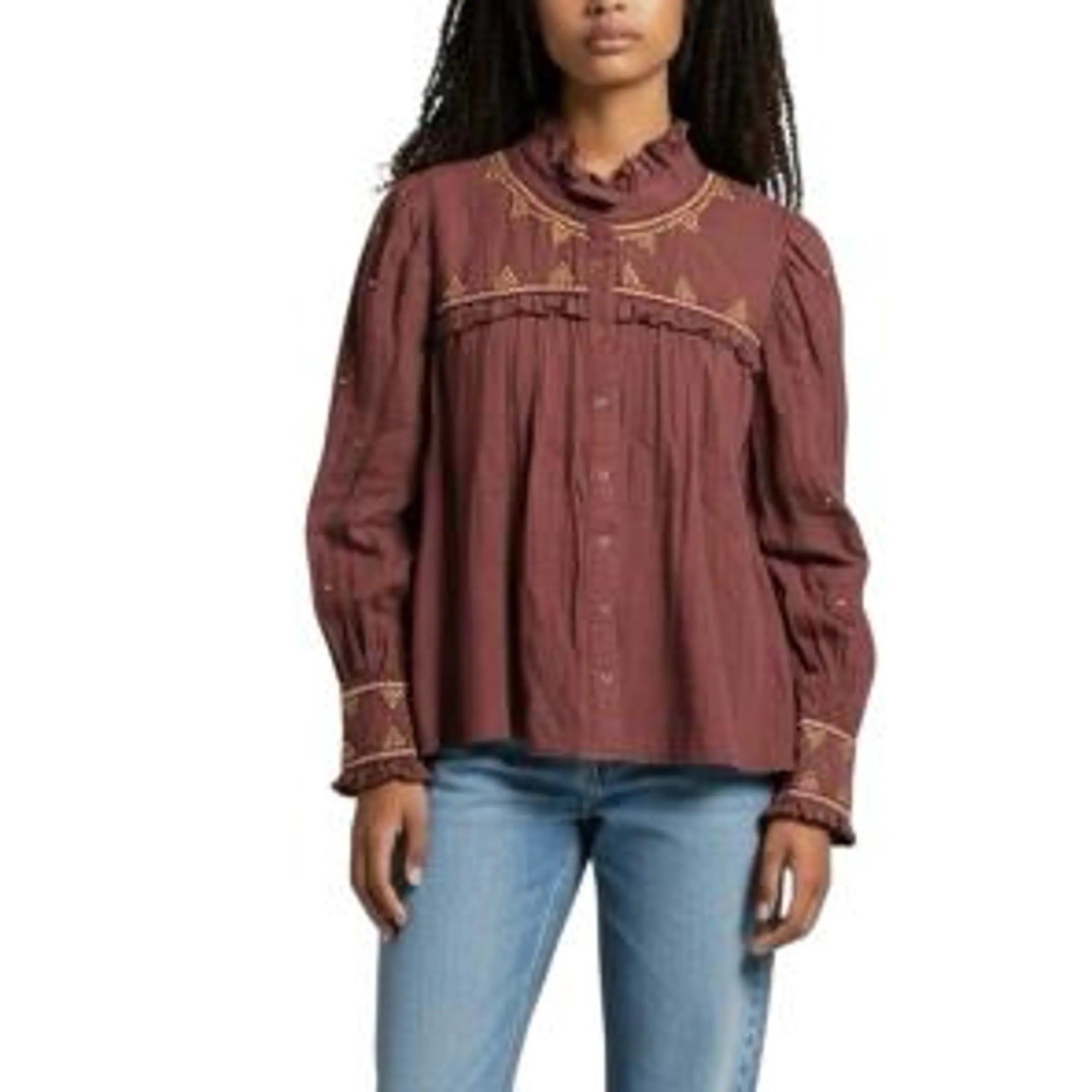 NWT A LOVES A Womens Sz L Burgundy Crochet Sequins Ruffle Gauze Top Boho Peasant