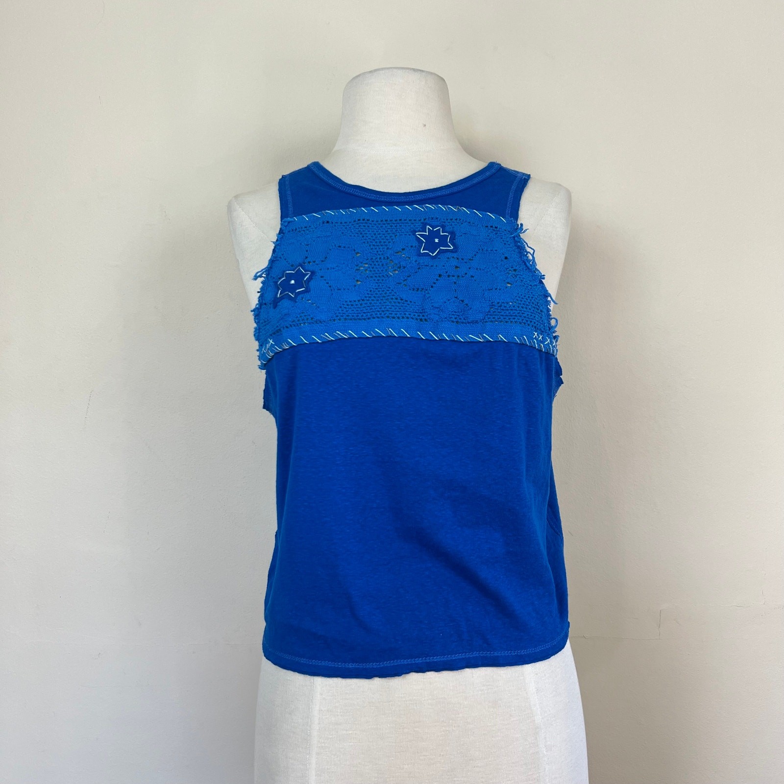 Free People Crochet Window Tank Top Sleeveless Boho blue Size small we the free