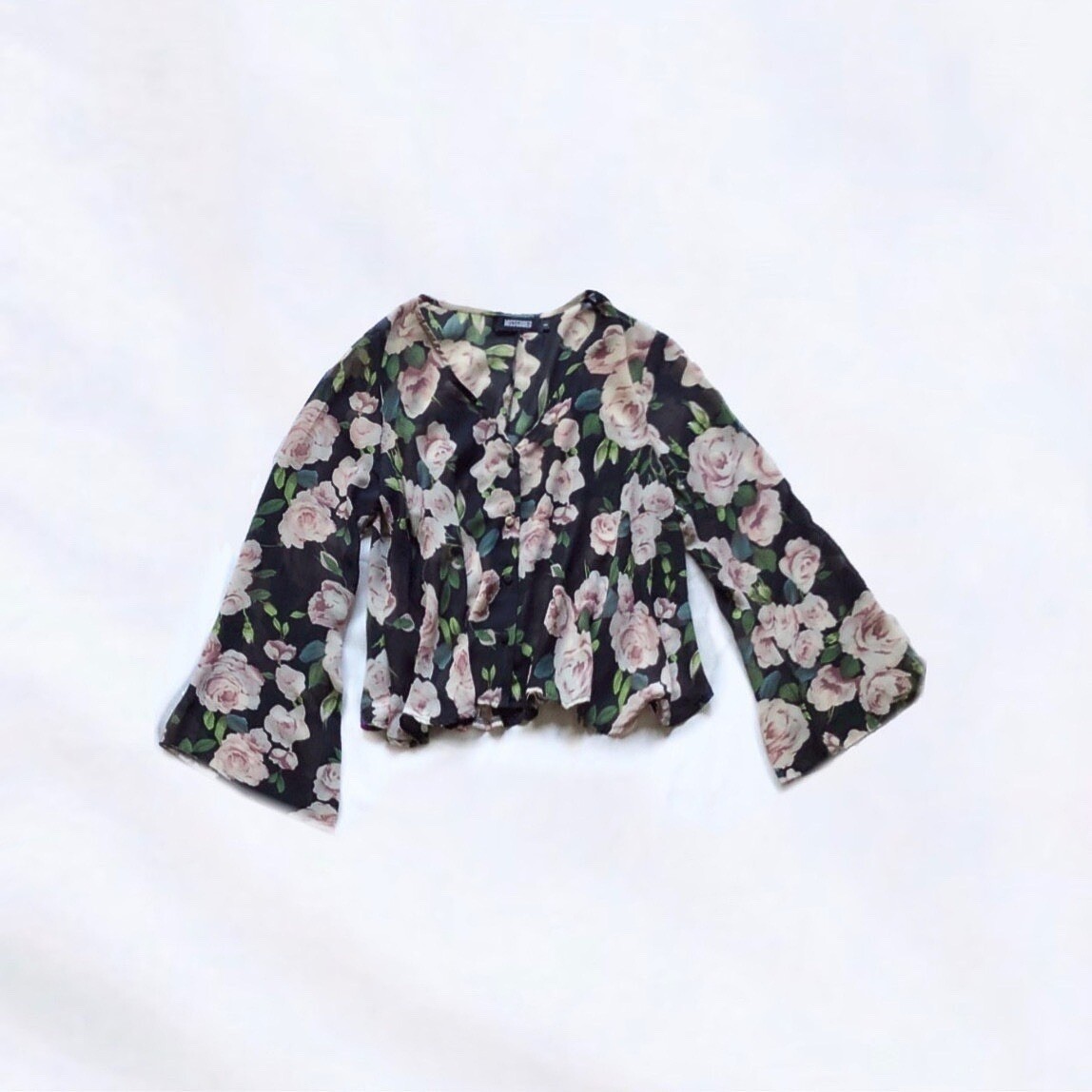 Missguided Sheer Black Floral Bell Sleeve Button Front Top Size 4