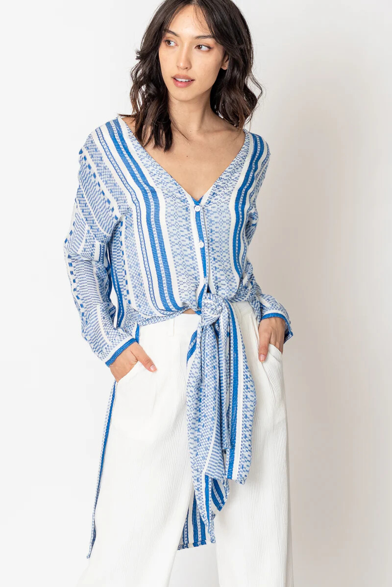En Creme Striped Button Front Side Slit Tunic Top Women’s