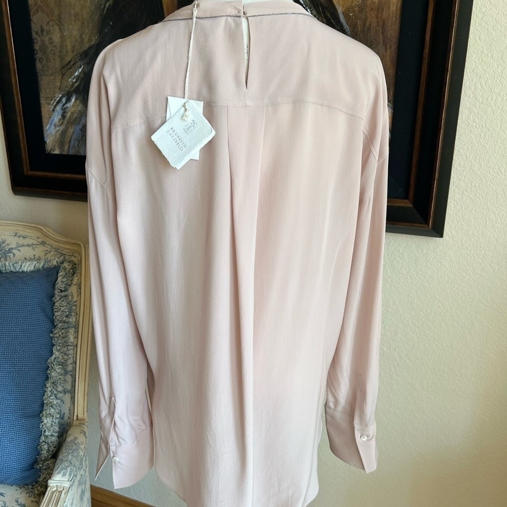 NWT Brunello Cucinelli Pink 100% Silk Top Monilli Bead Detail Size XL $1798