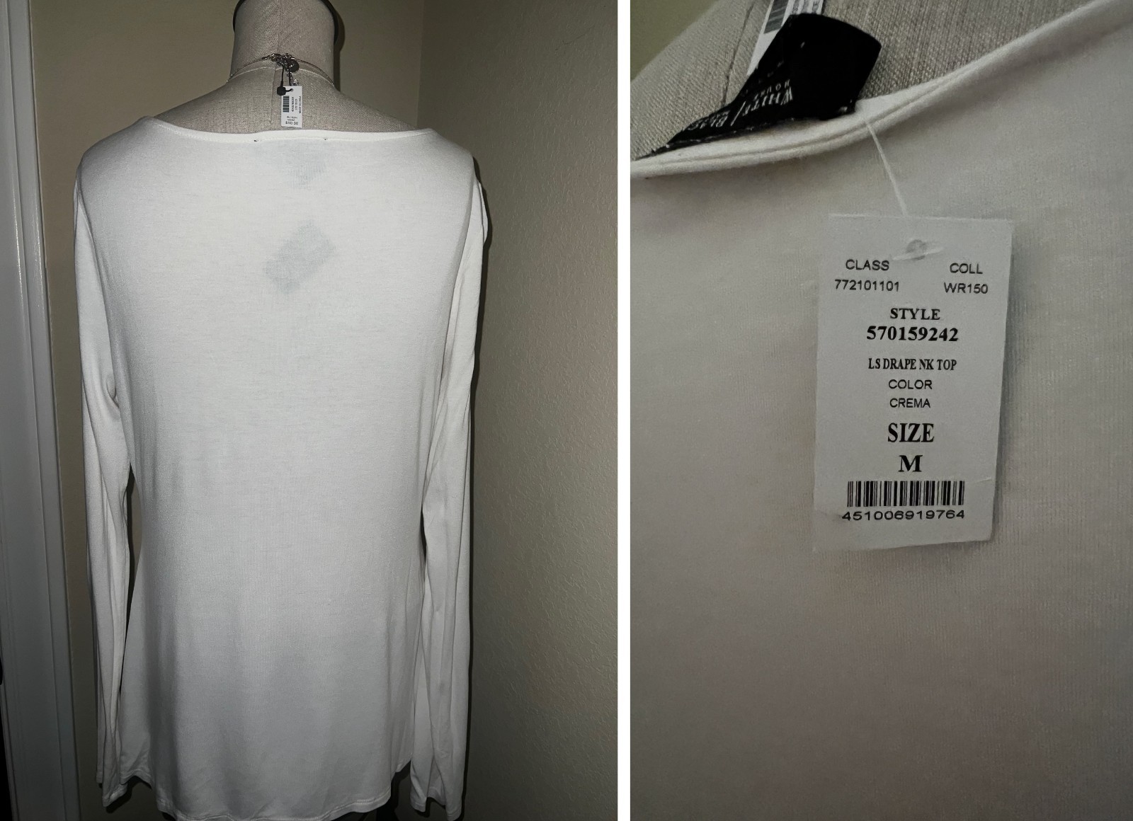 WHITE HOUSE BLACK MARKET * IVORY DRAPE NECK KNIT TOP * LONG SLEEVES SIZE M NWT