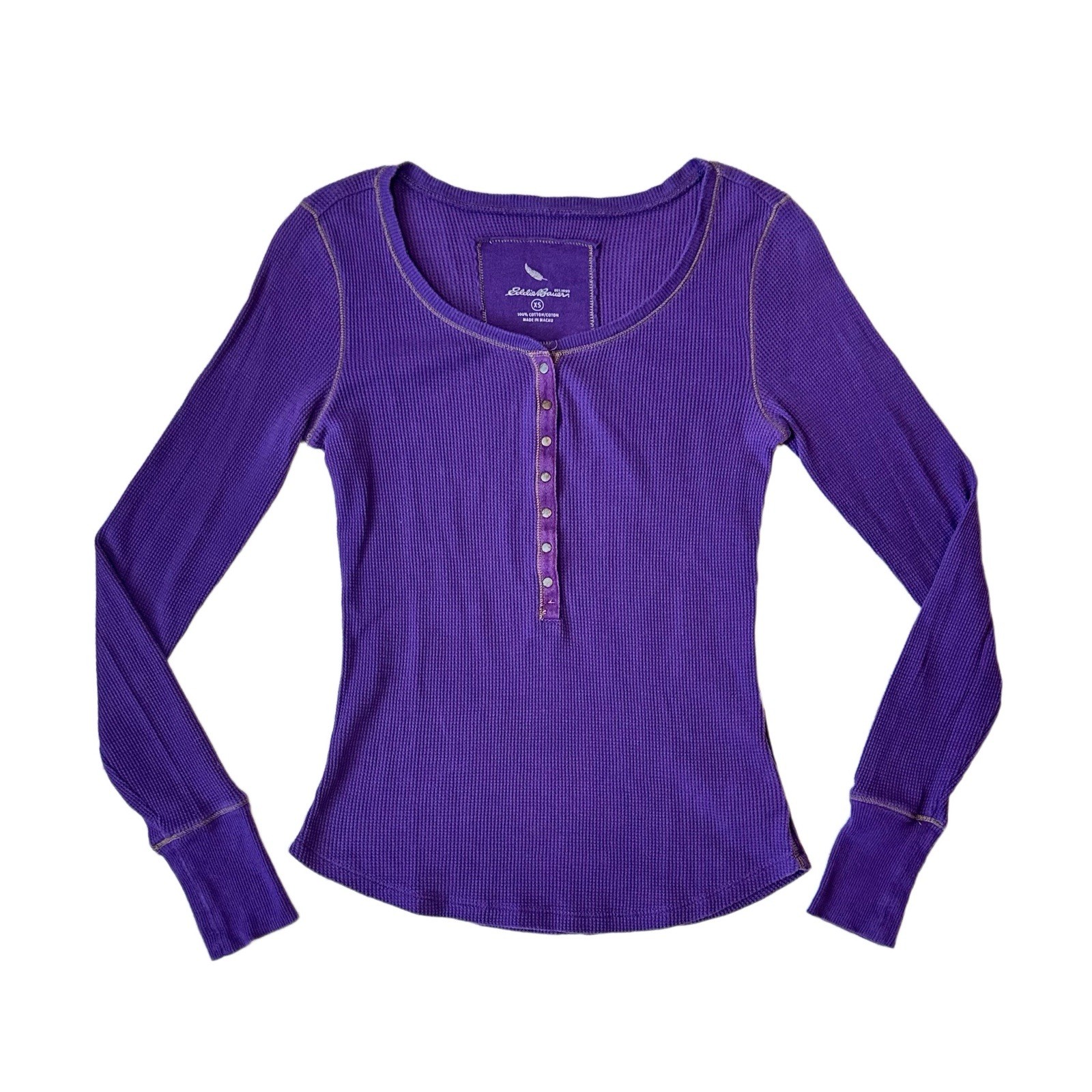Eddie Bauer Womens XS Purple Scoop Neck Thermal Henley Waffle Knit Top Cotton
