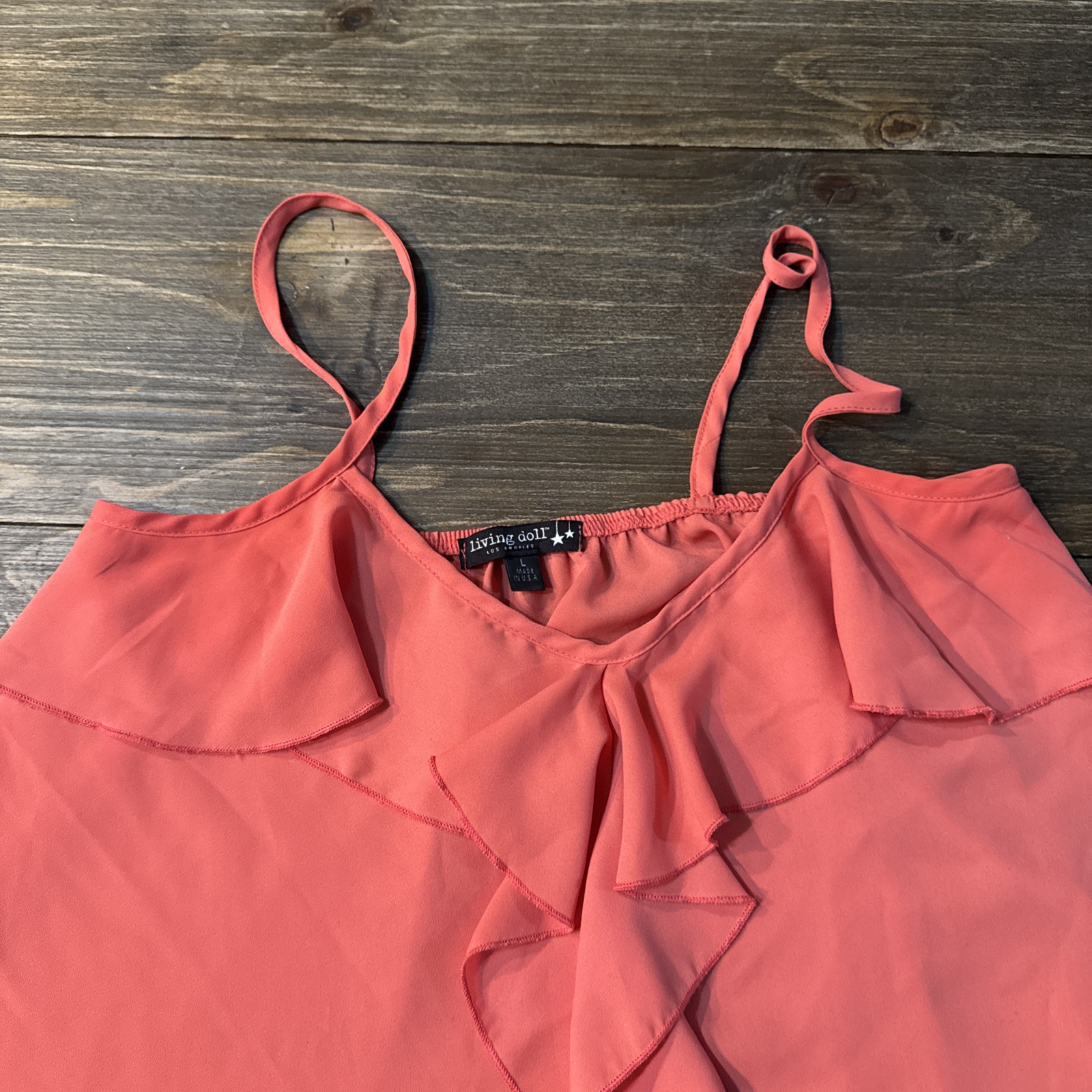 Living Doll Ruffle Spaghetti Strap Tank Top Large Salmon Color Y2K Polyester