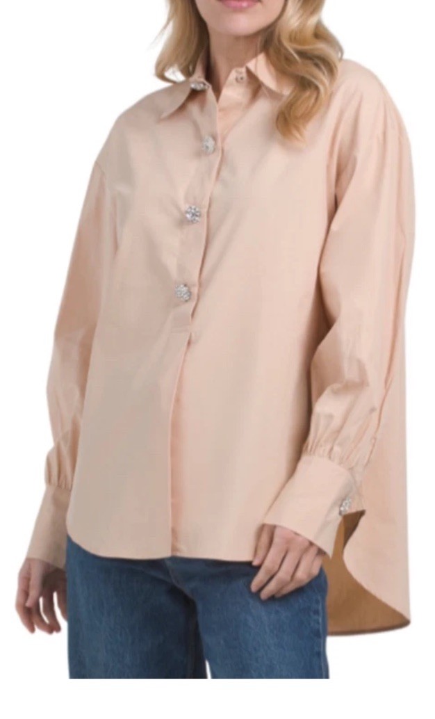 Oat New York Women’s Blouse Beige Collared Rhinestone Buttons Size Medium Cotton