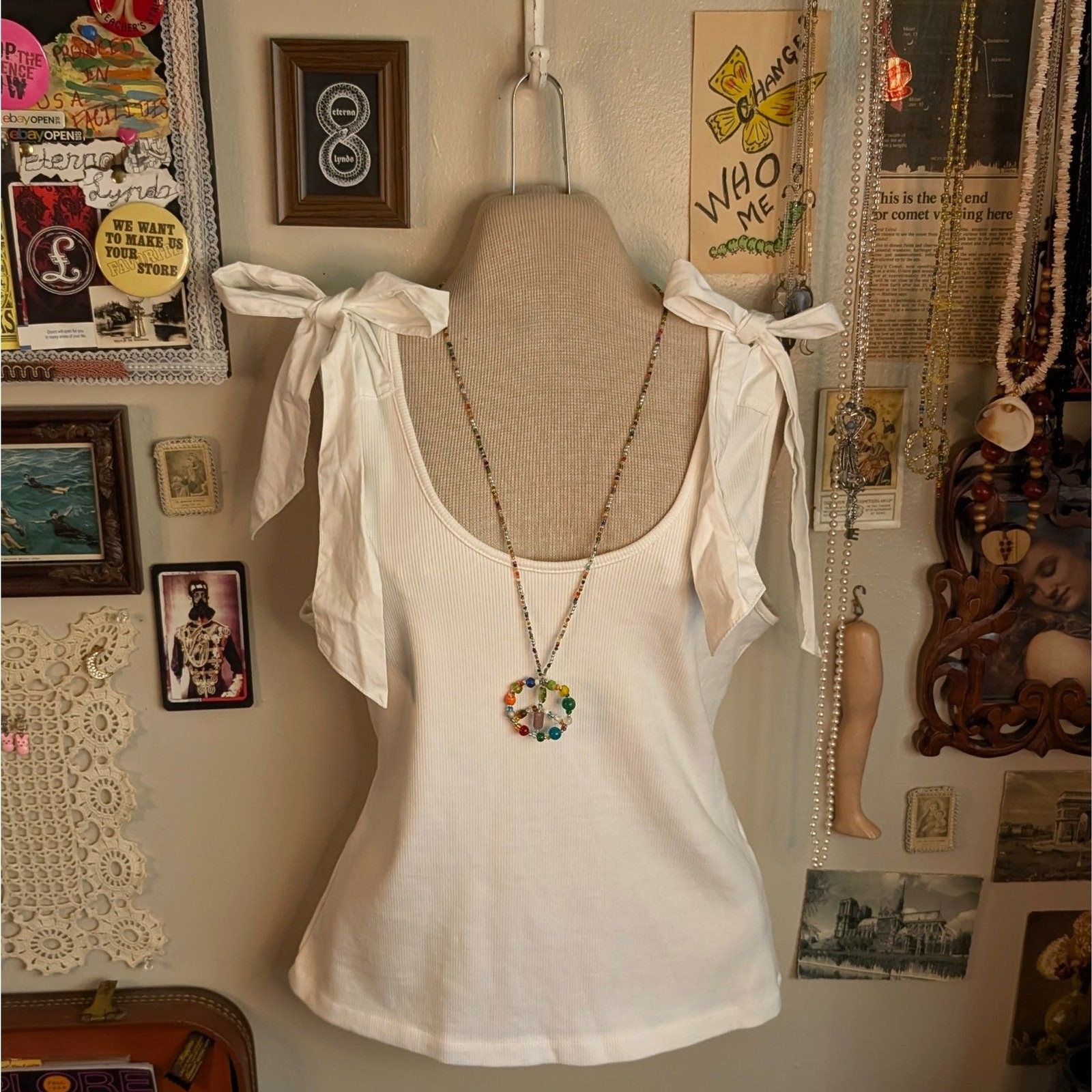 Ribbed Shoulder Bow Tank Top Women’s Large White Fitted Coquette