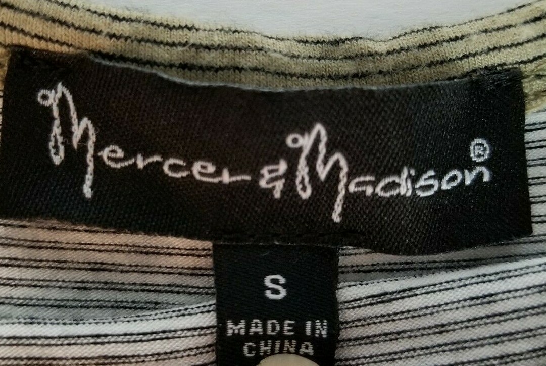 Mercer & Madison T-Shirt Small Tan White Rayon Soft Cold Shoulder Short Slv EUC