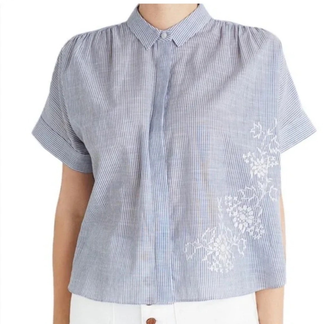 Madewell Hilltop Embroidered Camp Shirt Size S Blue Striped Classic Preppy Beach