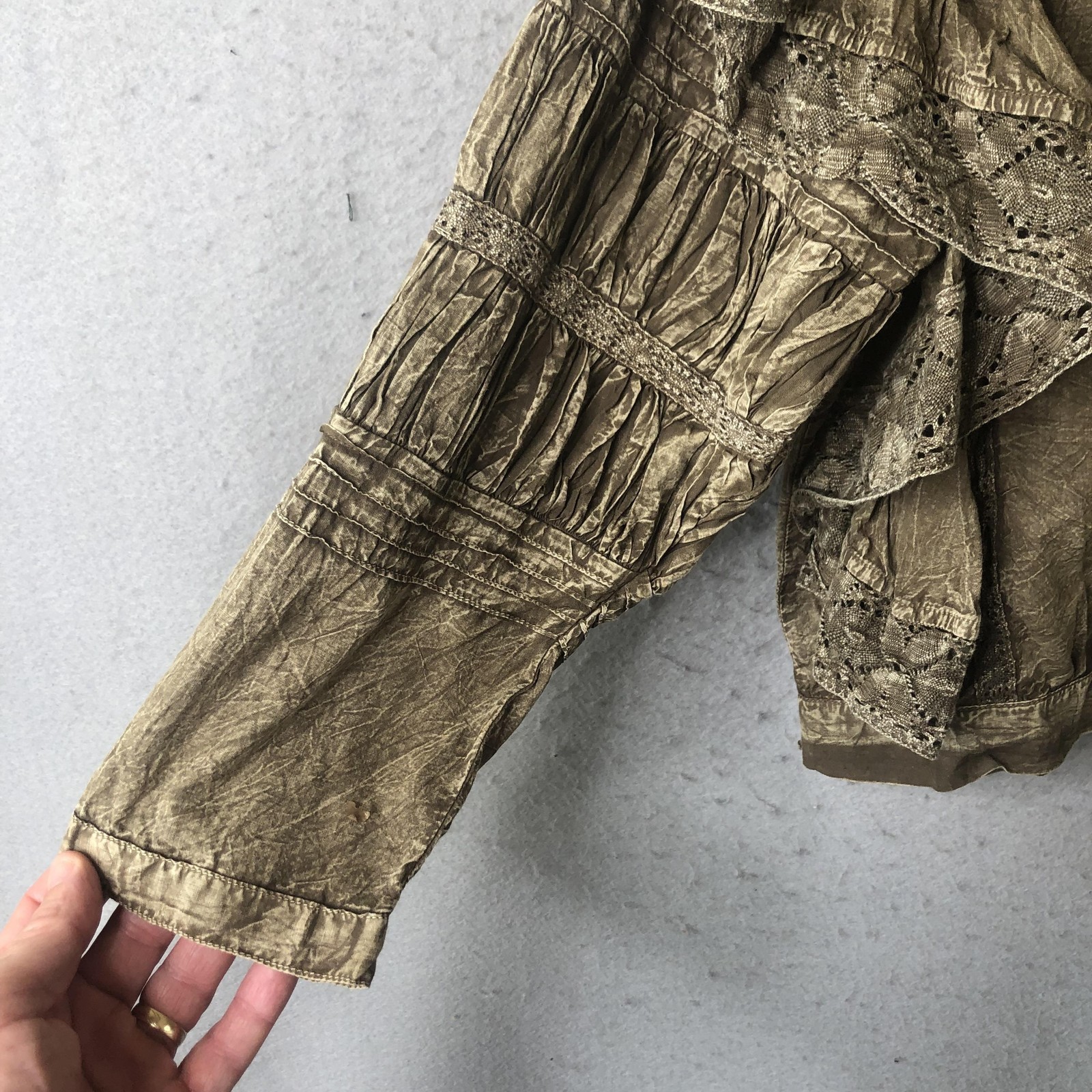 Paper Lace Blouse Womens 1XL Brown Embroidered Boho Festival Grunge Lagenlook