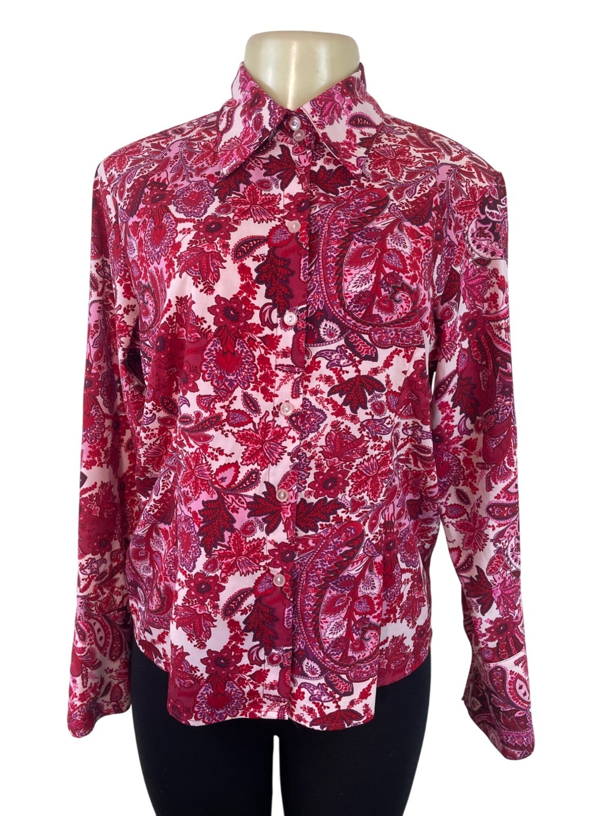 Ninety Womens Paisley Button-Up Shirt Pink & Red Long Sleeve Blouse Sz M