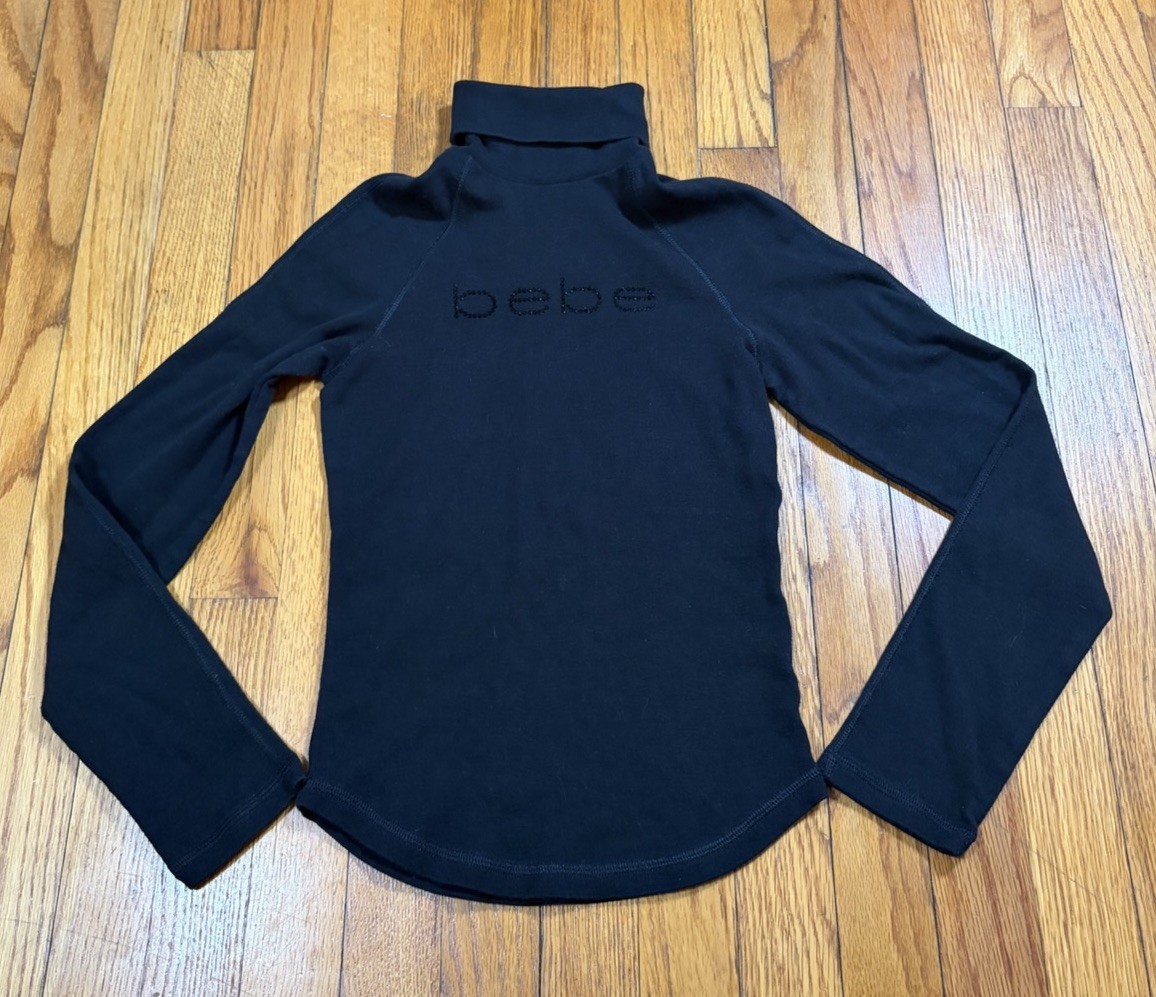 Vintage Y2K BEBE Rhinestone Turtleneck Top Black LS Small 100% Cotton USA Made