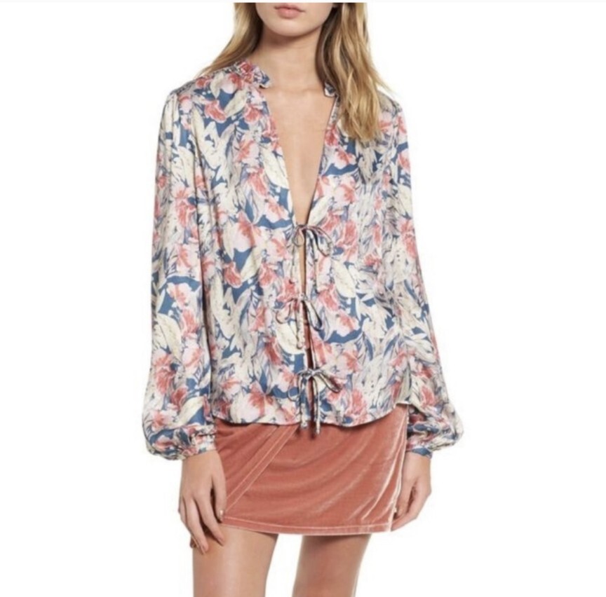 Revolve Tularosa Lena Garden Floral Self Tie Blouse Sz. Large