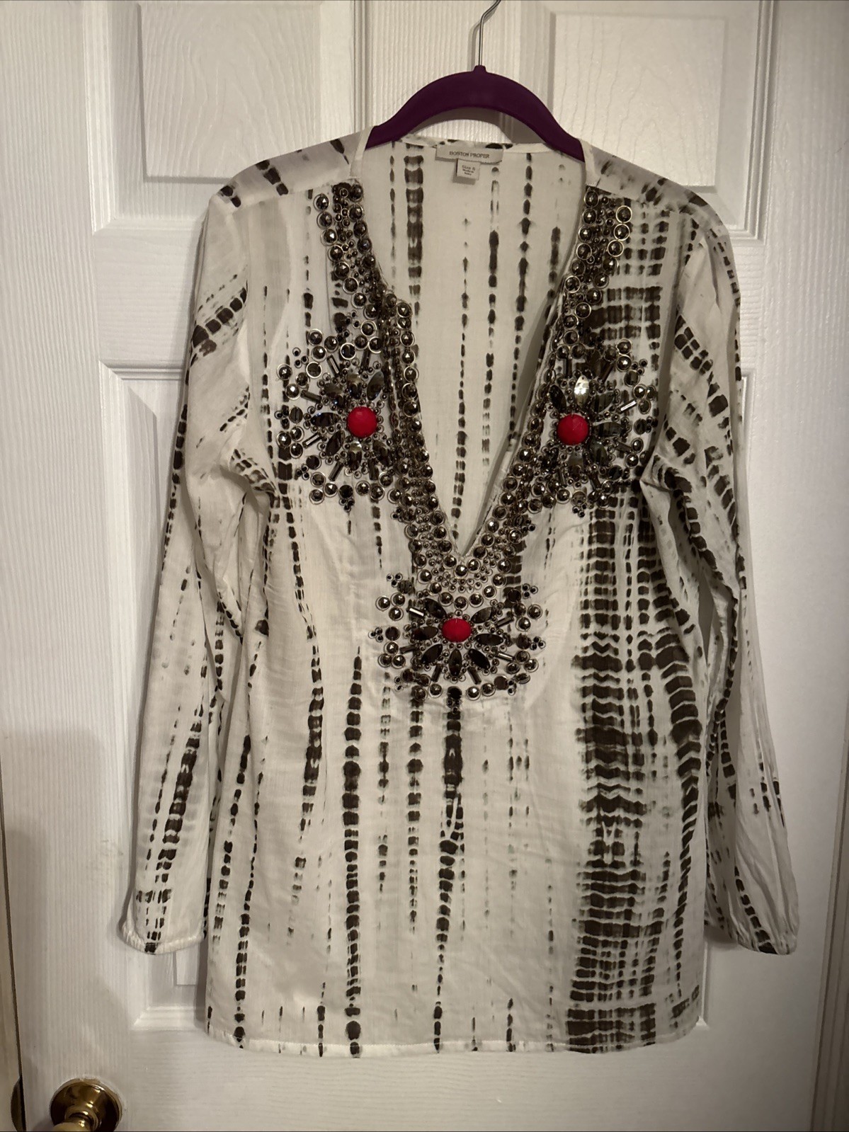 Boston Proper Tie Dye Embroidery Beads Tunic Blouse Small Boho Classic Designer