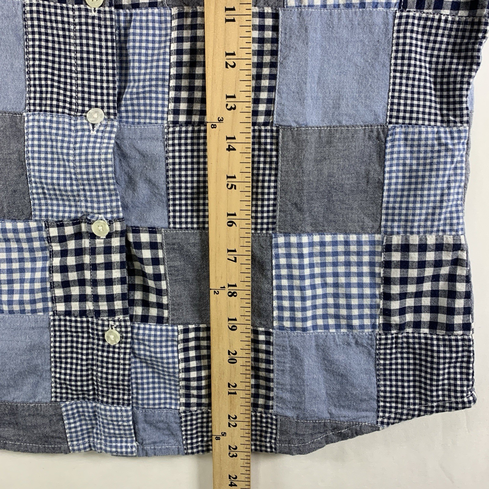 Womens Patchwork Plaid Short Sleeve Button Top Sz S Boxy Farm Cottage Americana
