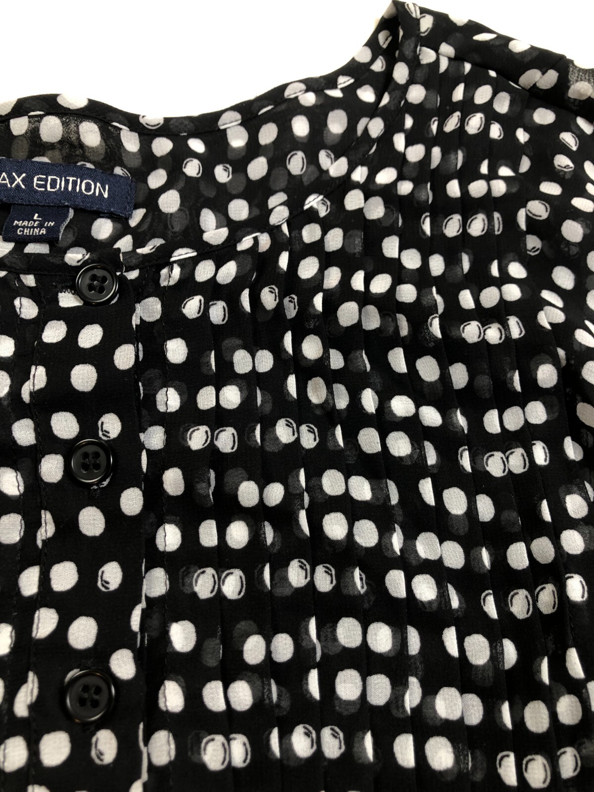 Max Edition Blouse Women’s Large L Black White Polka Dots Long Sleeves Sheer Top