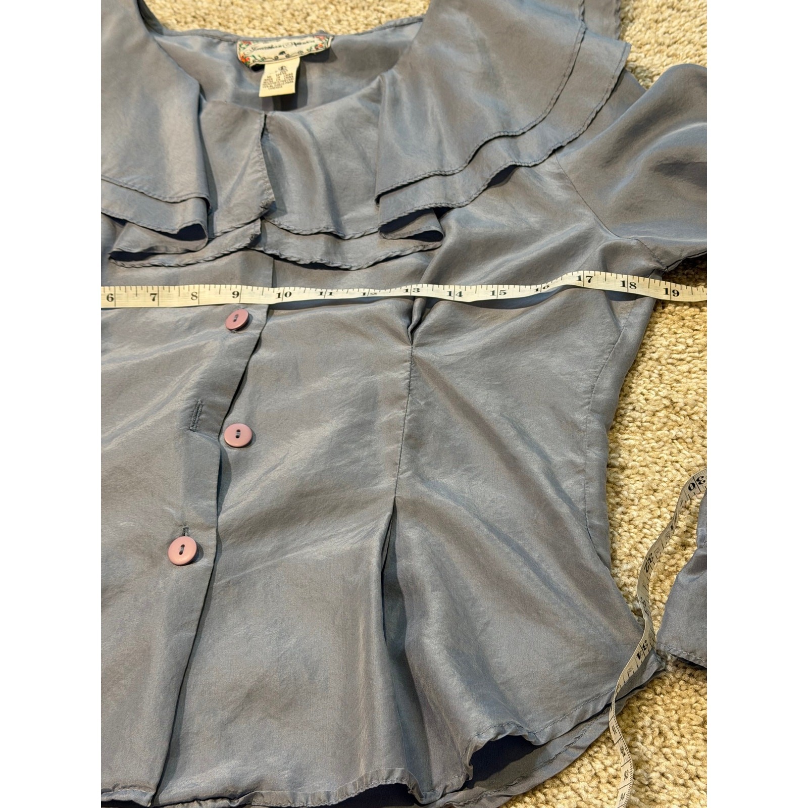 Vintage 90s Jonathan Martin 100% Silk Blue Ruffle Blouse Romantic