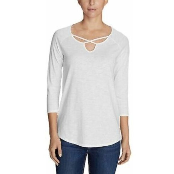 Eddie Bauer White Criss Cross Neck 3/4 Long Sleeve Top M