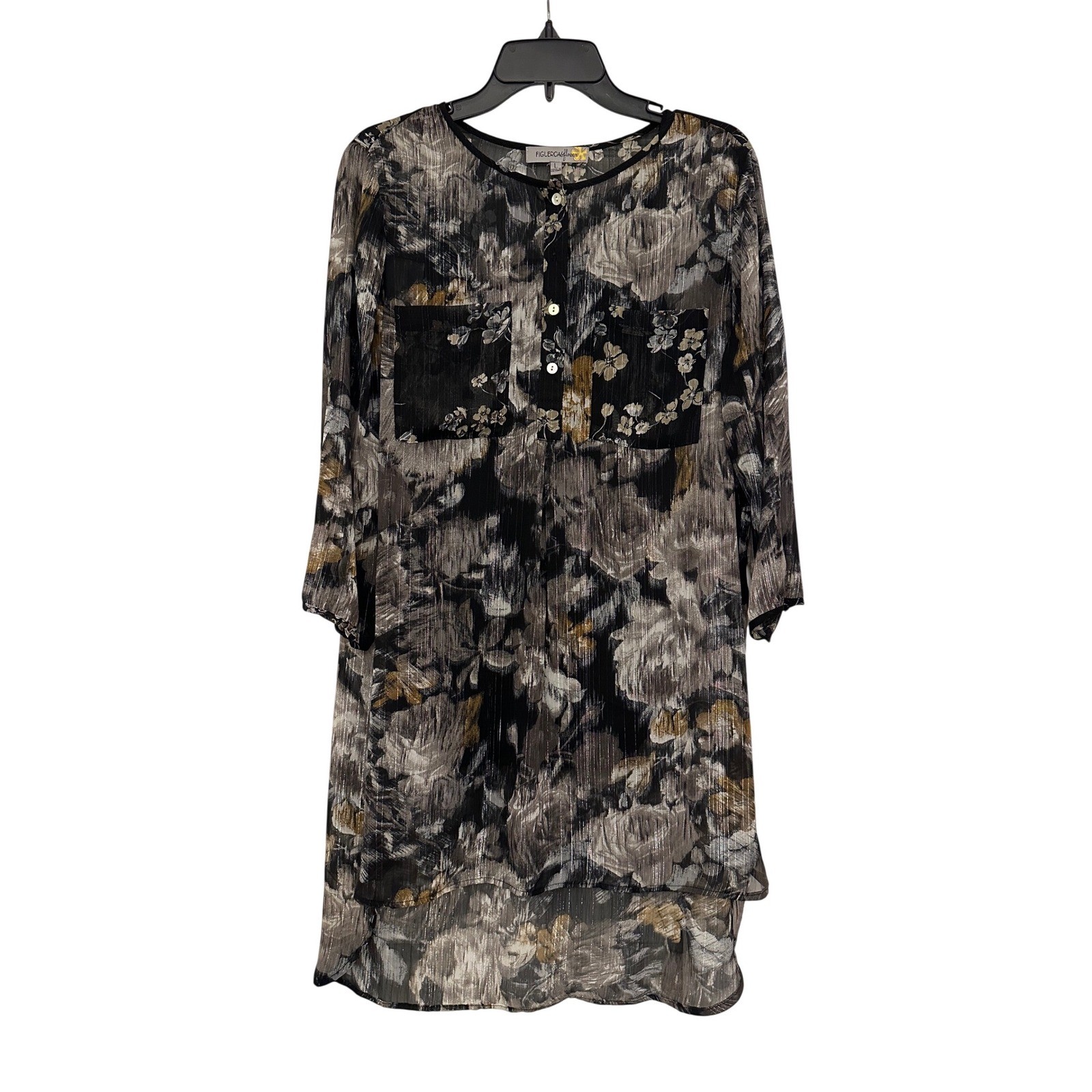 Figureroa & Flower Sheer Tunic Womens Sz L Gunmetal Floral Resortwear Beach New
