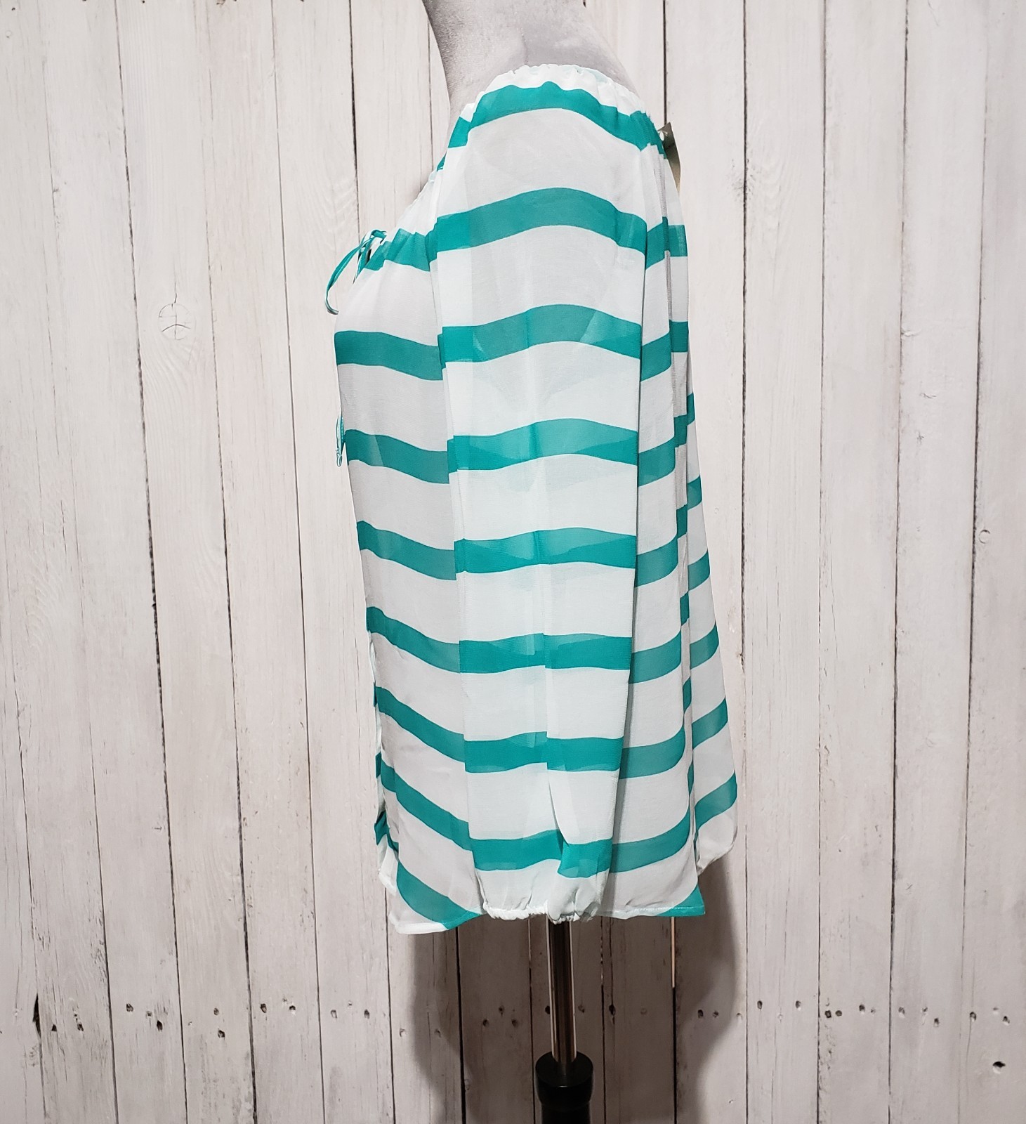 NEW Ann Taylor S Top Green White Striped Sheer Tie Neck Resort Casual Office