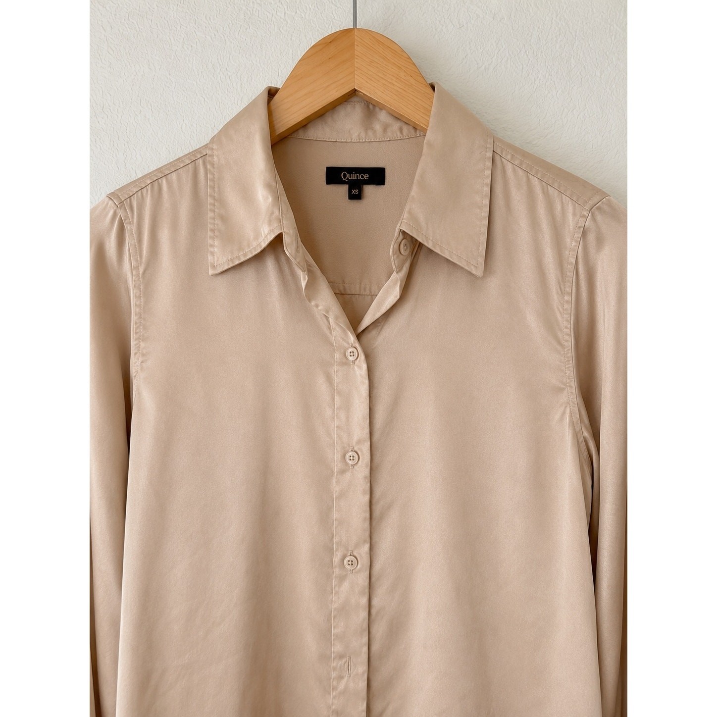 Quince 100% Washable Mulberry Silk Champagne 3/4 Sleeve Button-Down Shirt XS Top