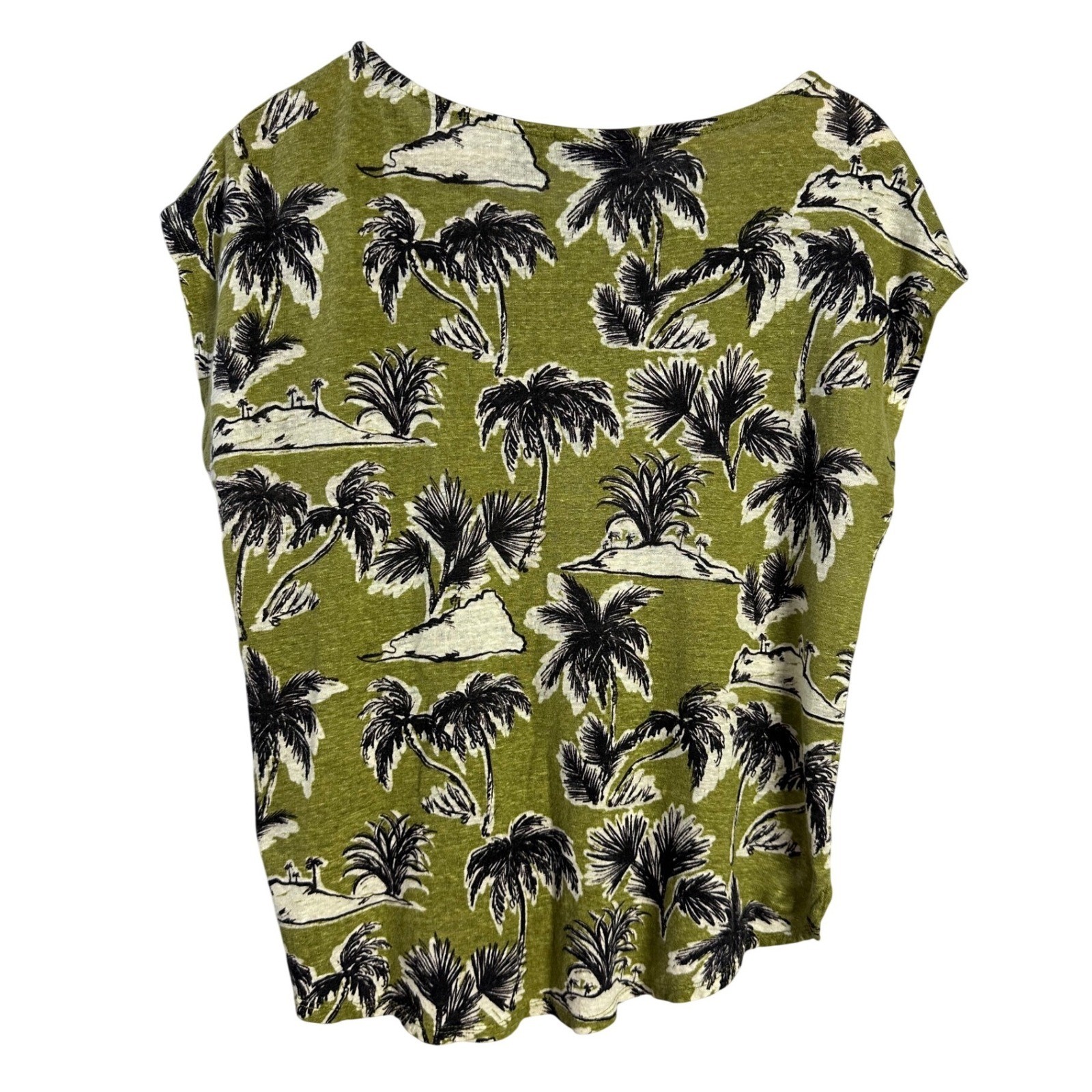Tahari Womens Green Tropical Palm Tree 100% Linen Cap Sleeve Top Size Medium