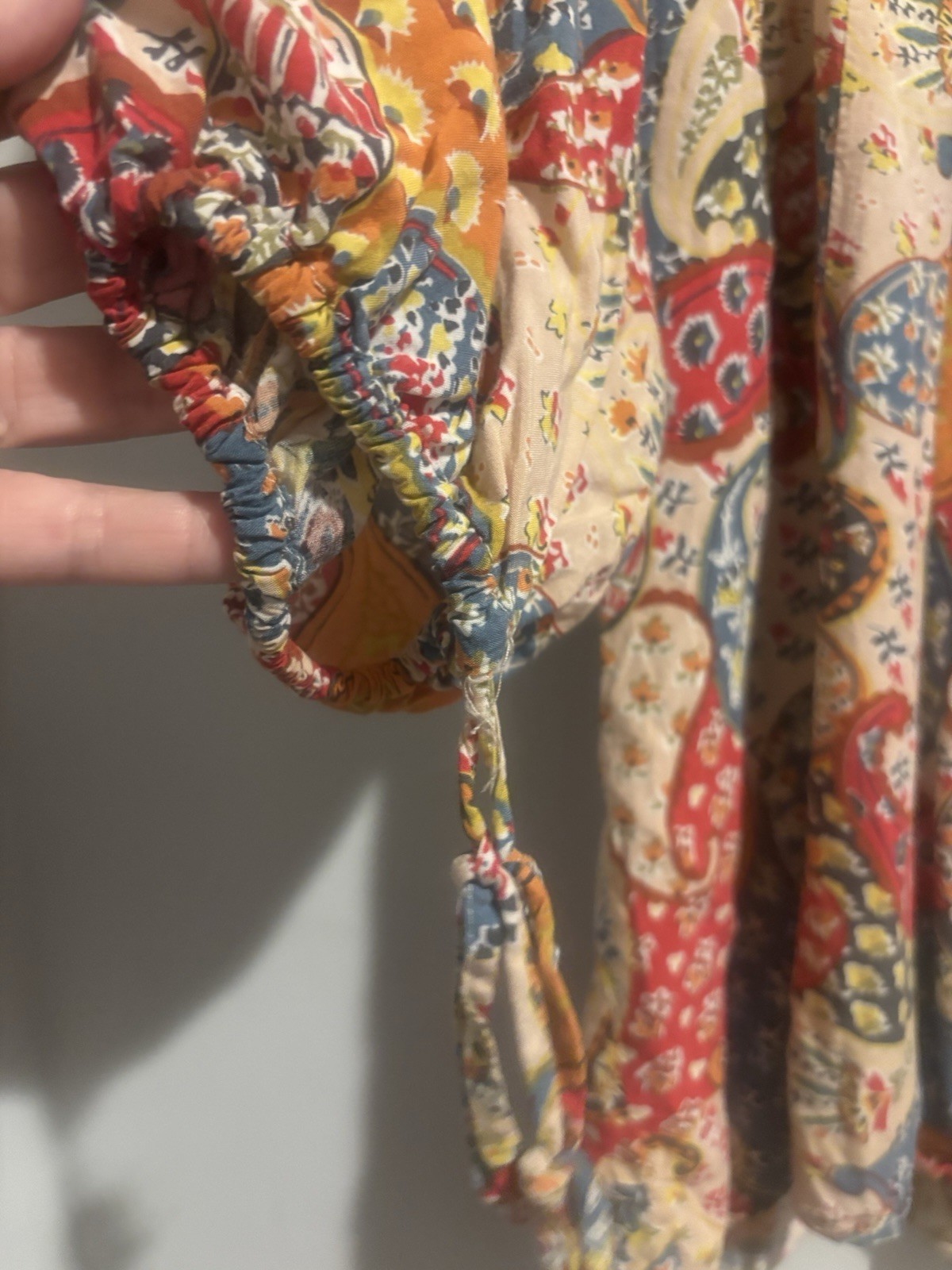 Kori America Blouse Boho Large Paisley Square Neck Crochet Short Tie Sleeve Red