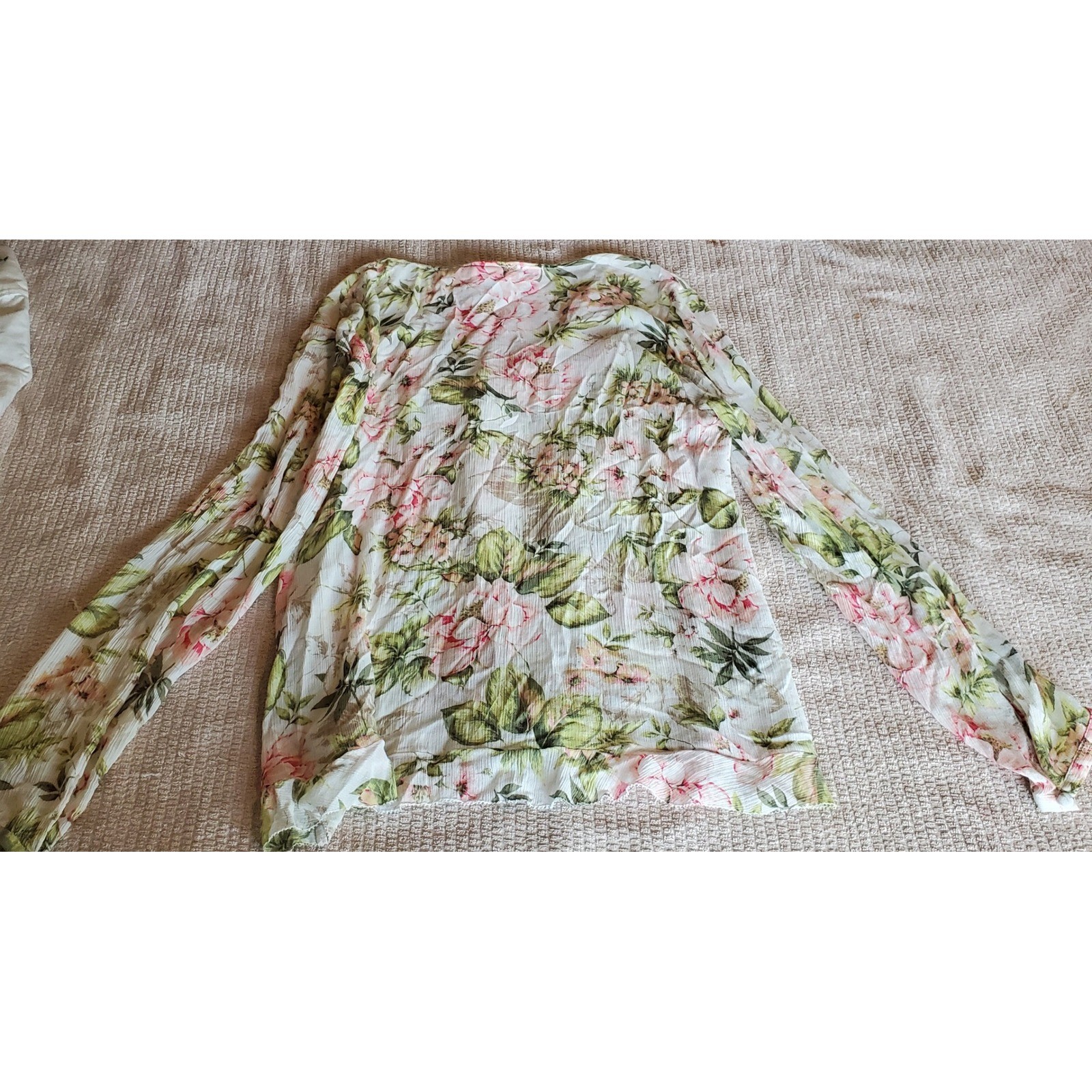 J Jill Womens Floral Button Front Blouse White Pink Green Crinkle Rayon M
