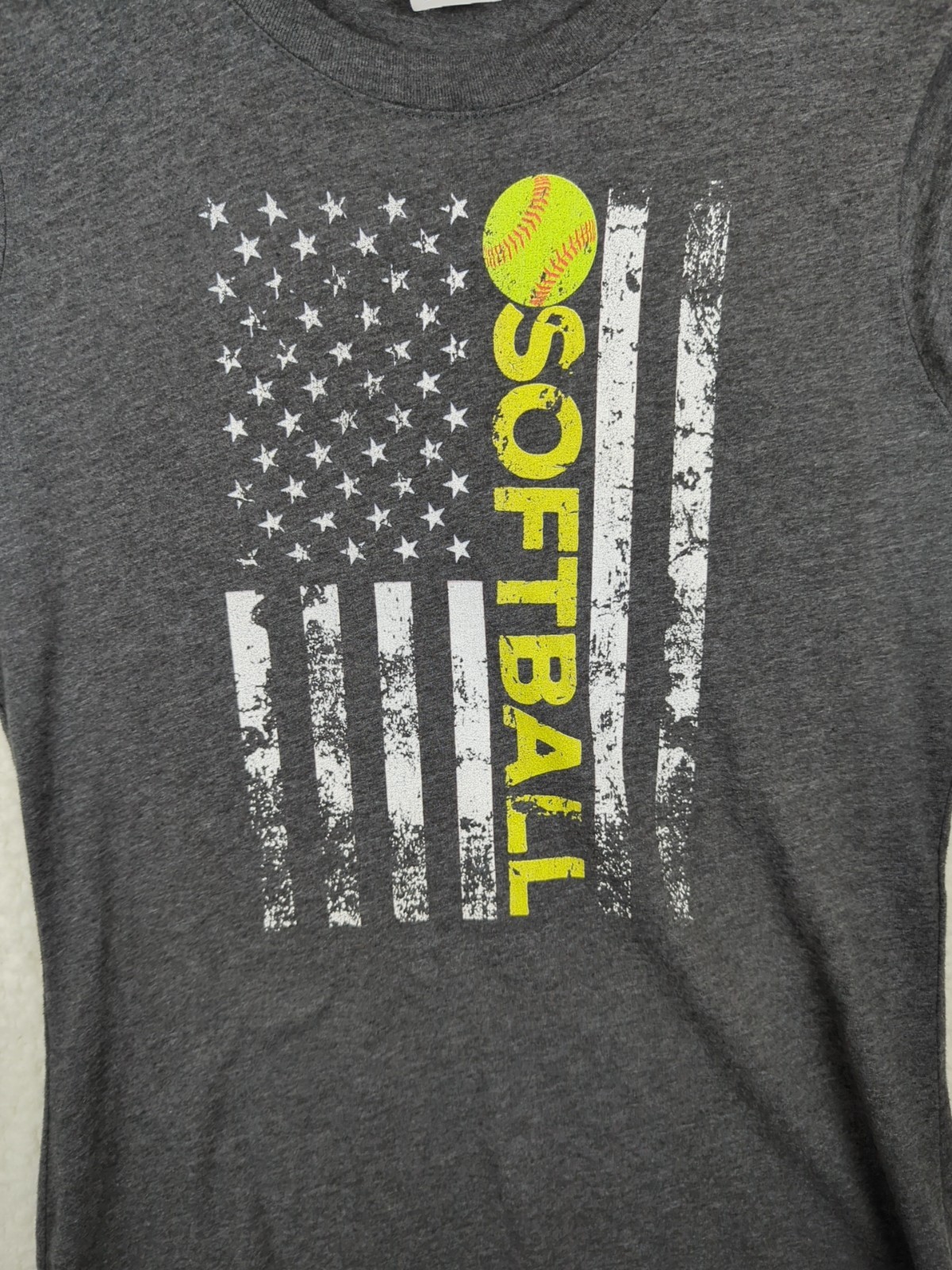 Softball T-Shirt Womens Small Gray Flag Graphic Tee USA Sports Athletic Top S