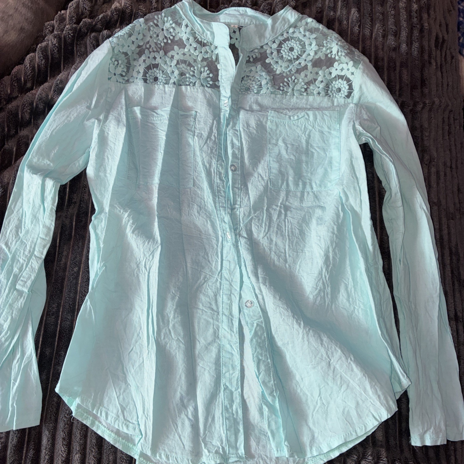 Sundance Angel Blue Lace Crochet Button Down Shirt Large Aqua, Front Pockets