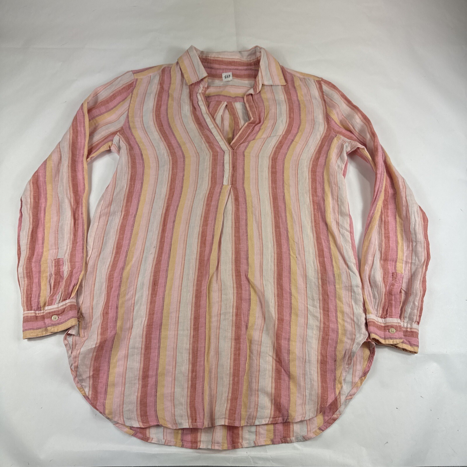Gap 100% Linen Shirt Womens S Pink Striped Long Sleeve Blouse Pullover Top READ