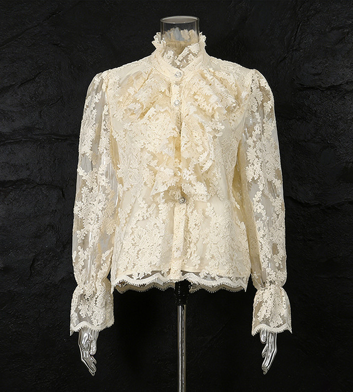 Women’s Chic French Shirt Stand Collar Lantern Sleeve Embroidered Ruffled Top