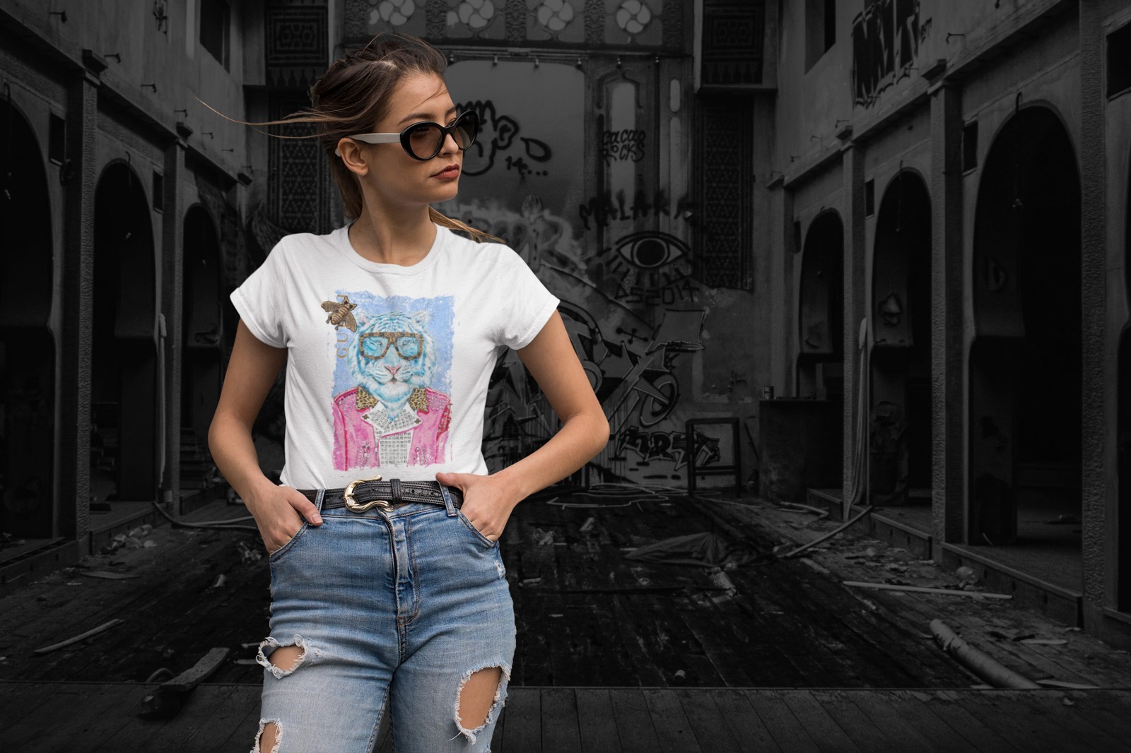 Designer Inspired Fashion Tiger Shirt, Luxury Inspired White Tiger T-Shirt