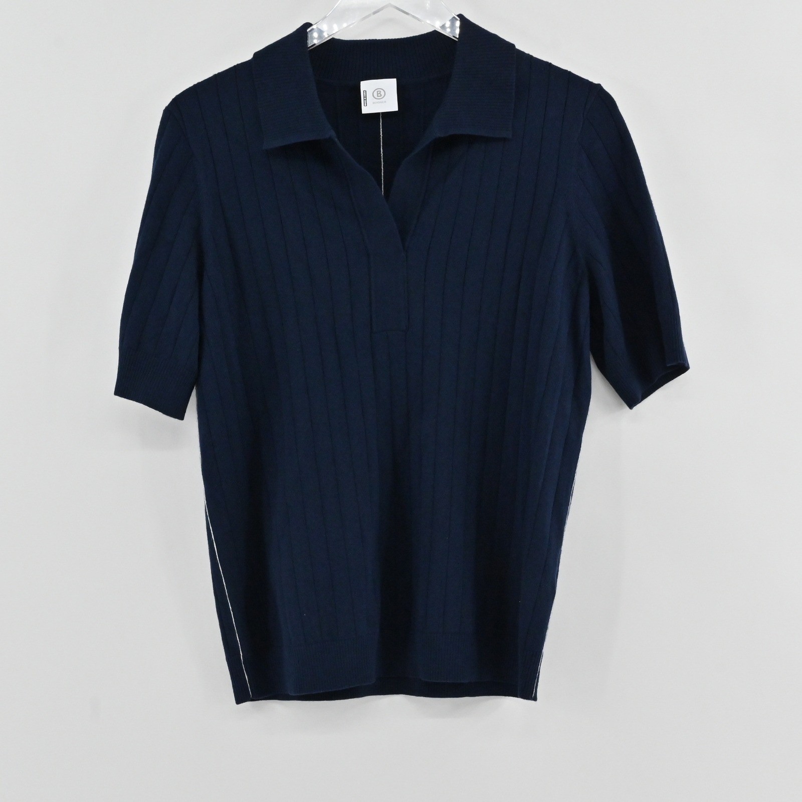 Bogner Silk Cashmere Knit Polo Top Womens Size M Navy Blue Ribbed Short Sleeve