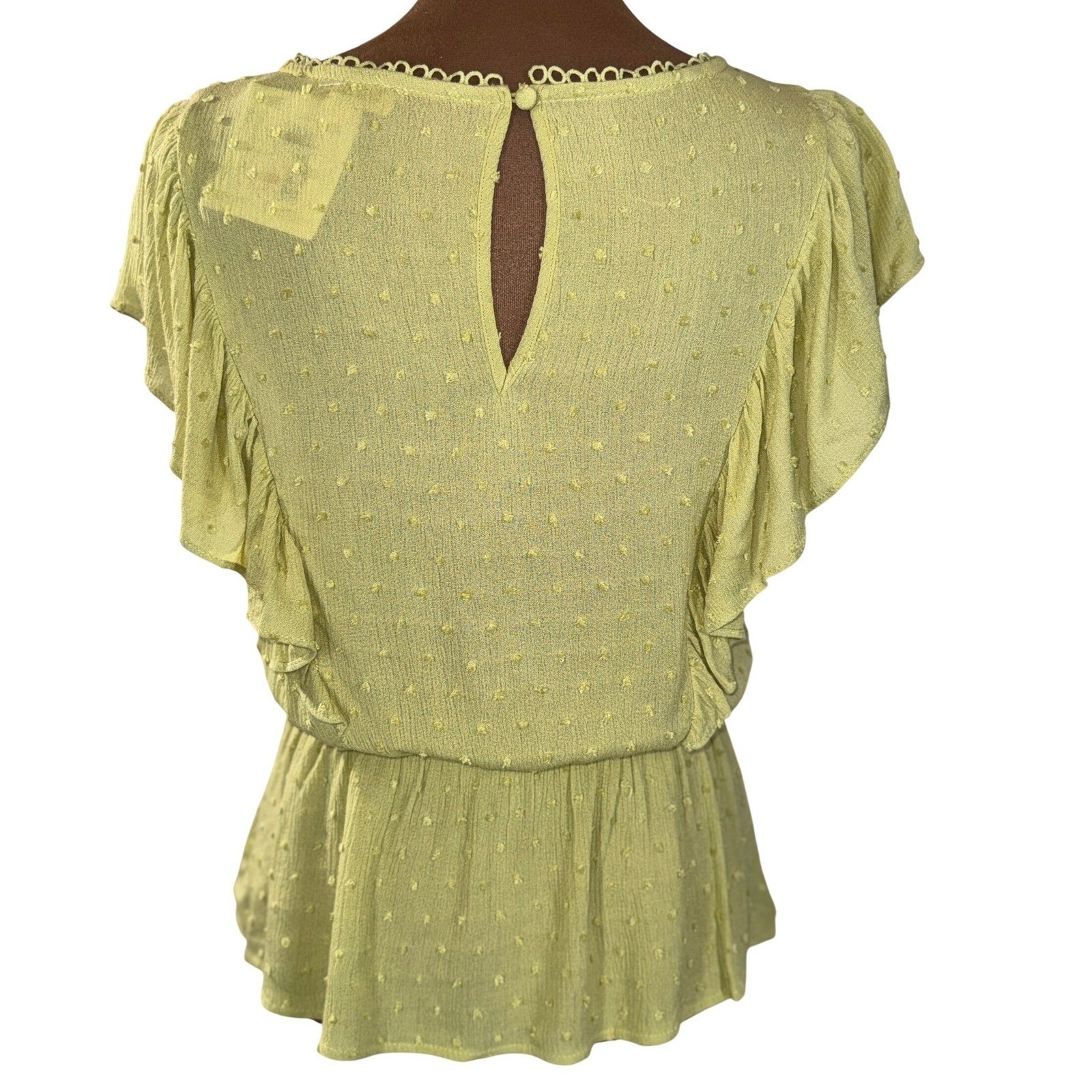 Promesa Top Med Lime Green Swiss Dot Flutter Sleeve NWT Feminine Blouse Top Lace