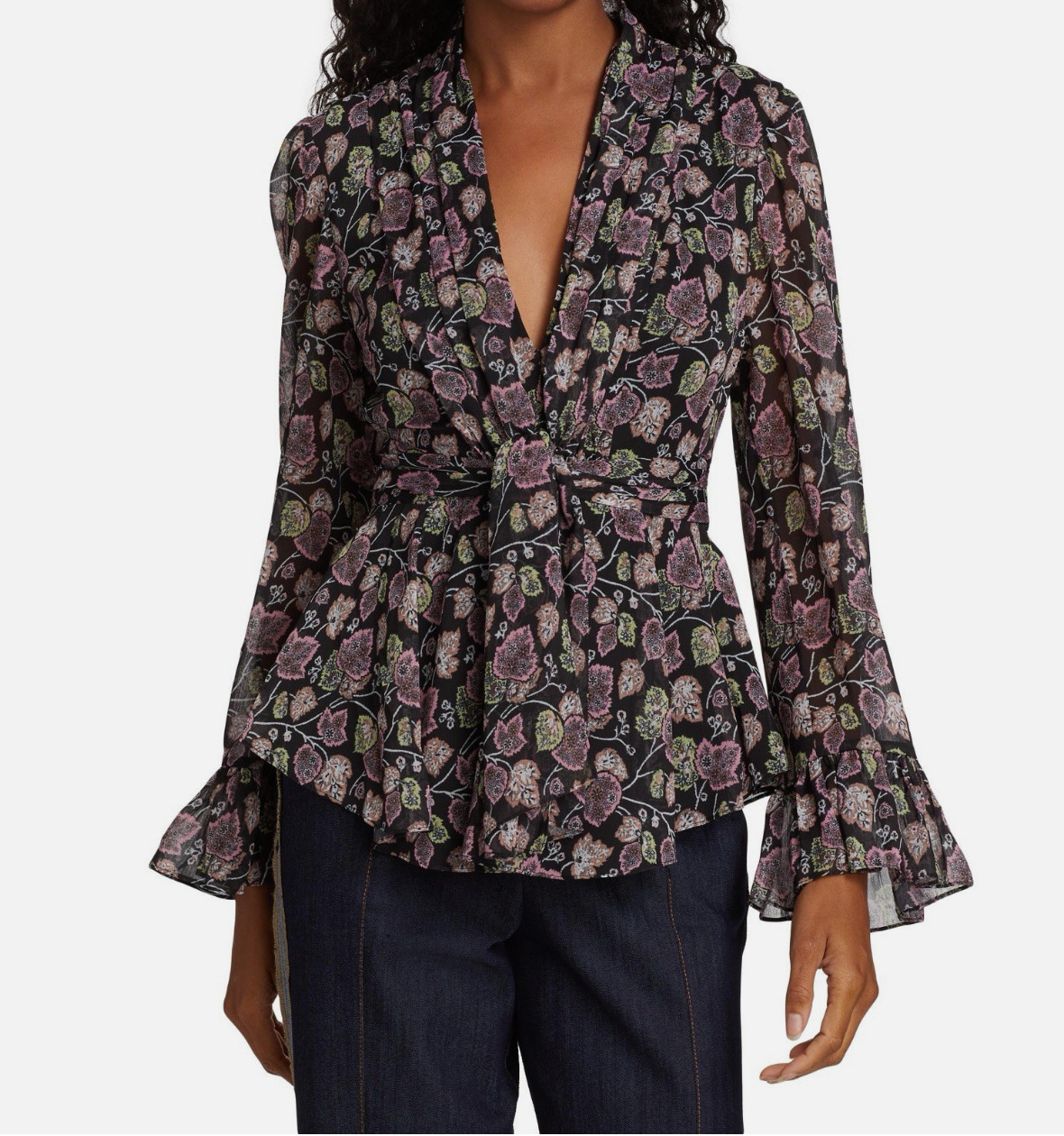 Cinq a Sept Marlow V-neck Black Floral Print Blouse, Size S