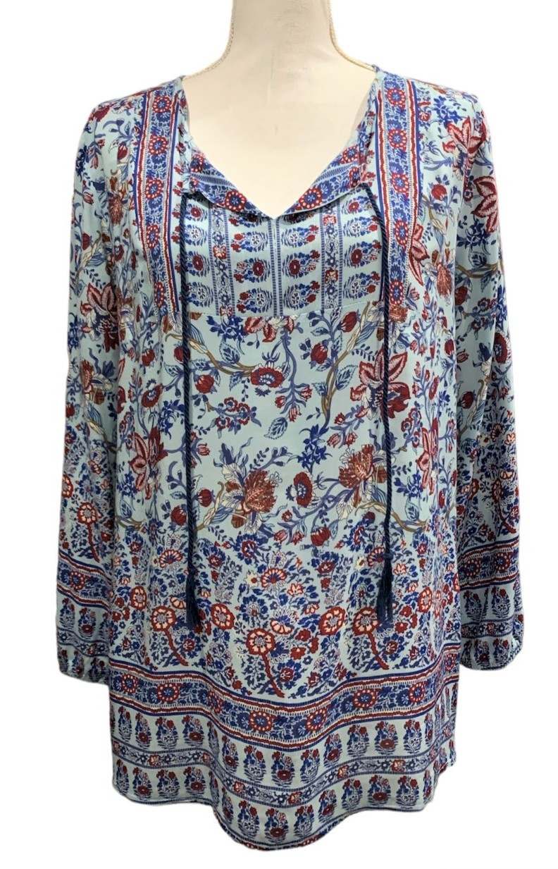 Grand & Greene sz Medium Blue Red Floral Lightweight Boho Blouse Tassel Tie Neck