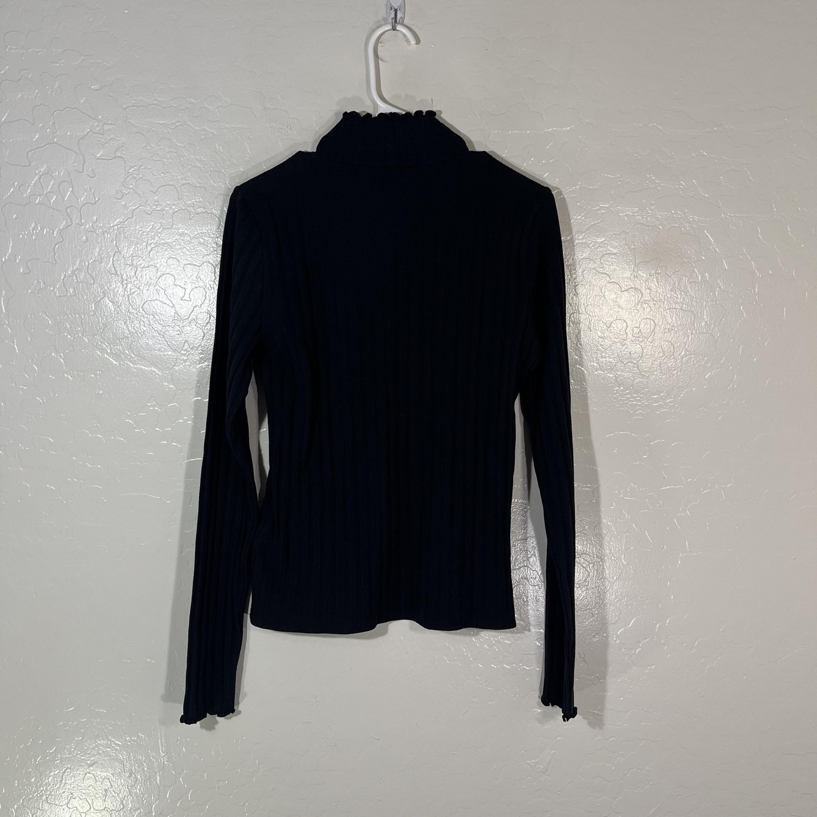 J. Crew Shirt Womens Medium Black Ribbed Mock Neck Long Sleeve Ruffle Knit Top