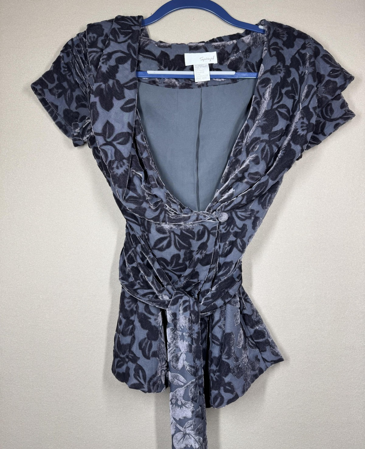Spiegel Velvet Burnout Top Womens Sz 2 Gray Black Floral Short Sleeve Wrap Tie