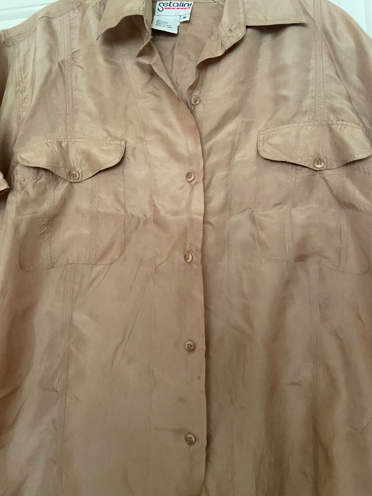 Setalini Blouse Classic Brown Button up 100% Silk M Short Sleeves Italy