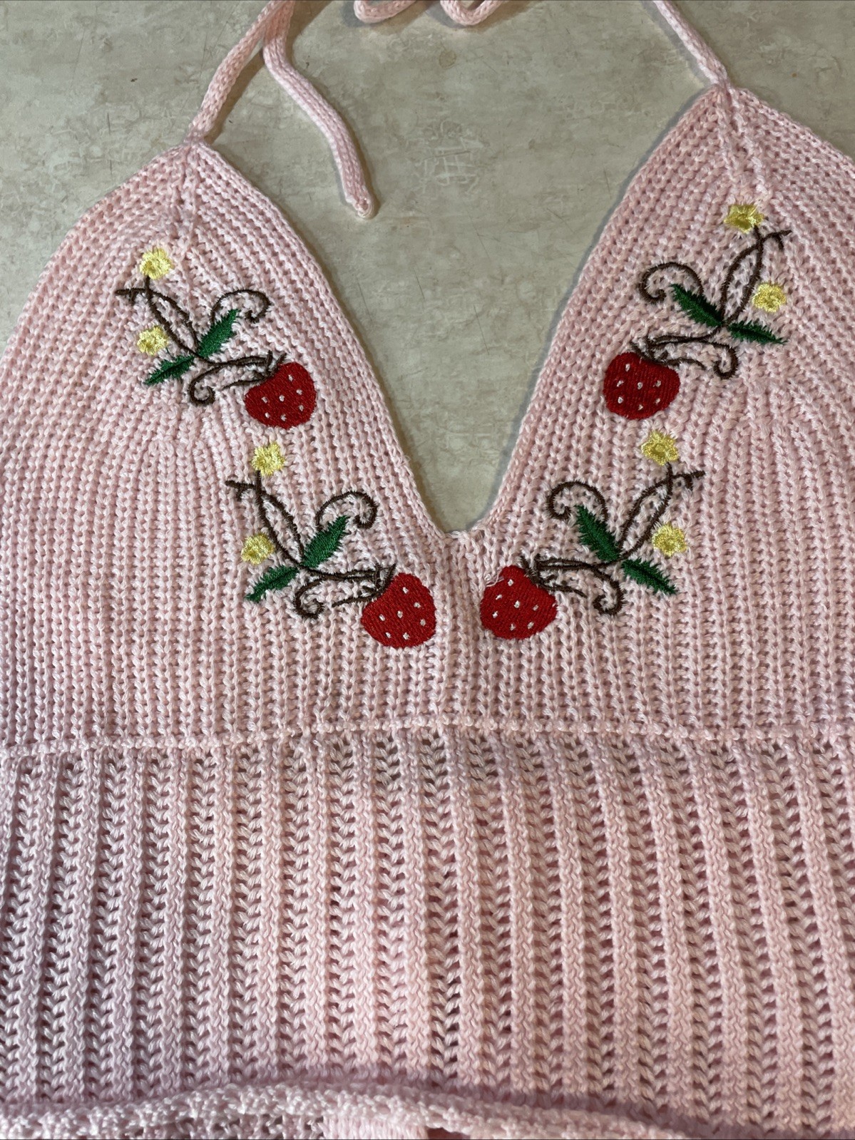 Shein Curve Size OXL Women’s Pink Knit Top with Strawberry Embroidered Accents