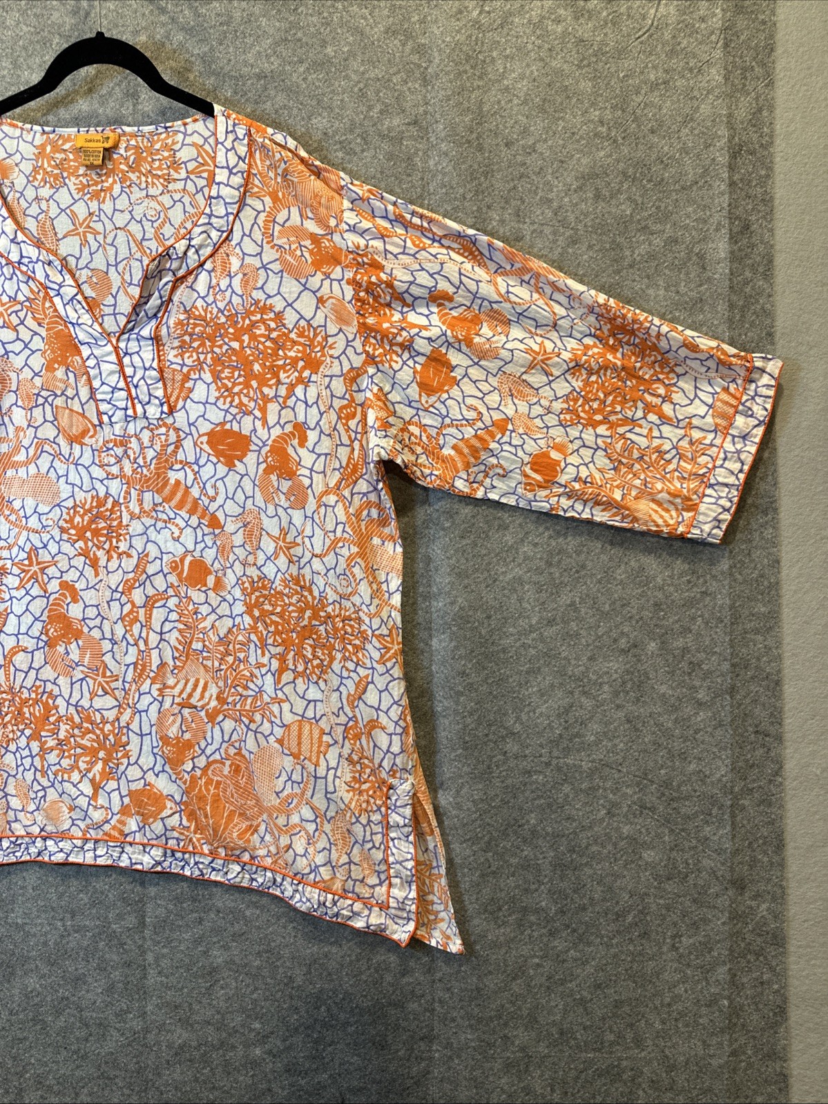 Sakkas Americas Long Sleeve Cotton Tunic Top 3X Orange White Boho Beach Vols