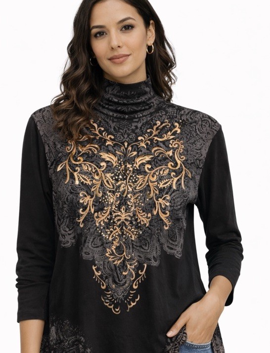 RXB Black Embellished Long Sleeve Turtleneck Top Blouse Size XL Goth Grunge