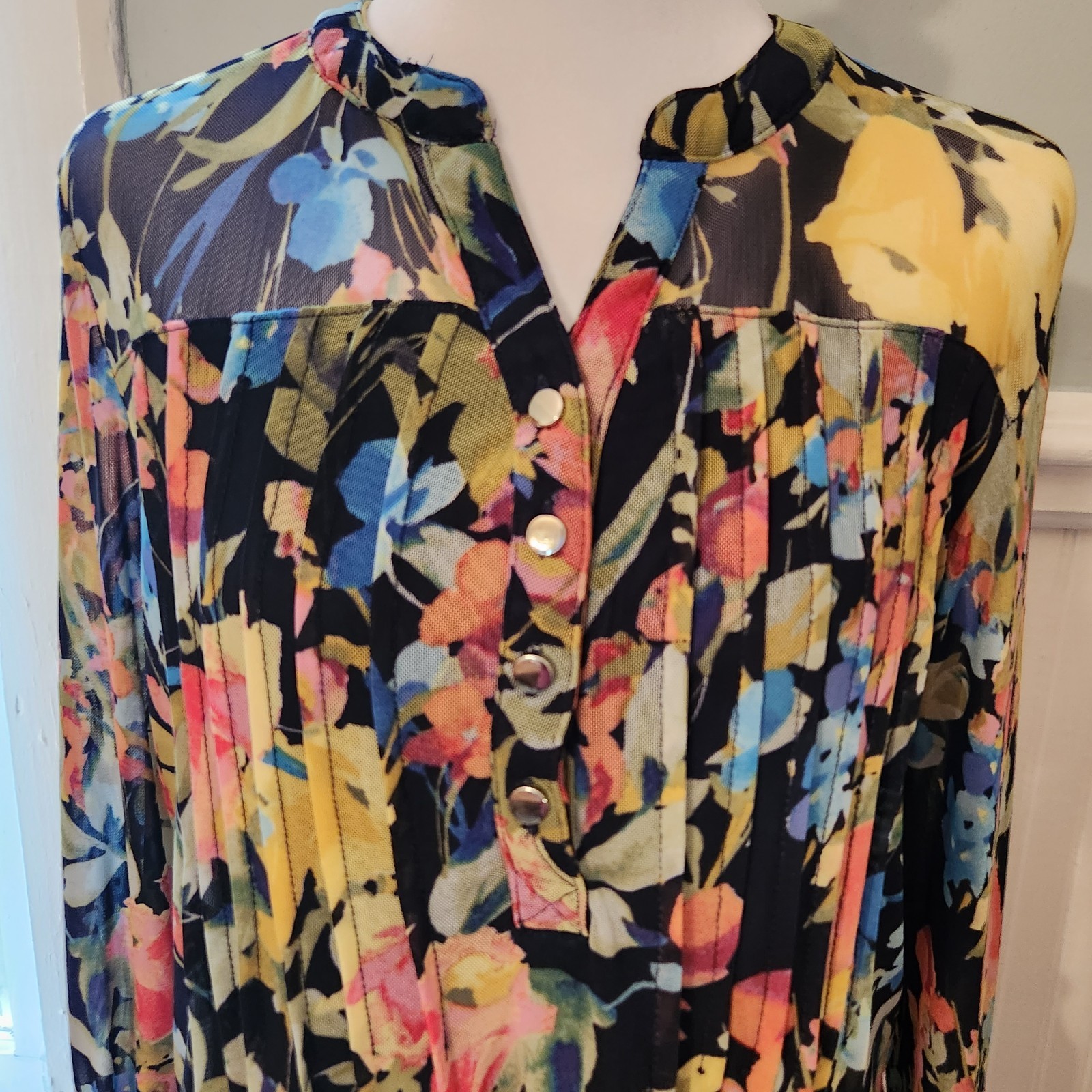 Roz & Ali Floral Boho Shirt 3/4 Sleeve Lined Pleated Blouse Fall Trends Office L