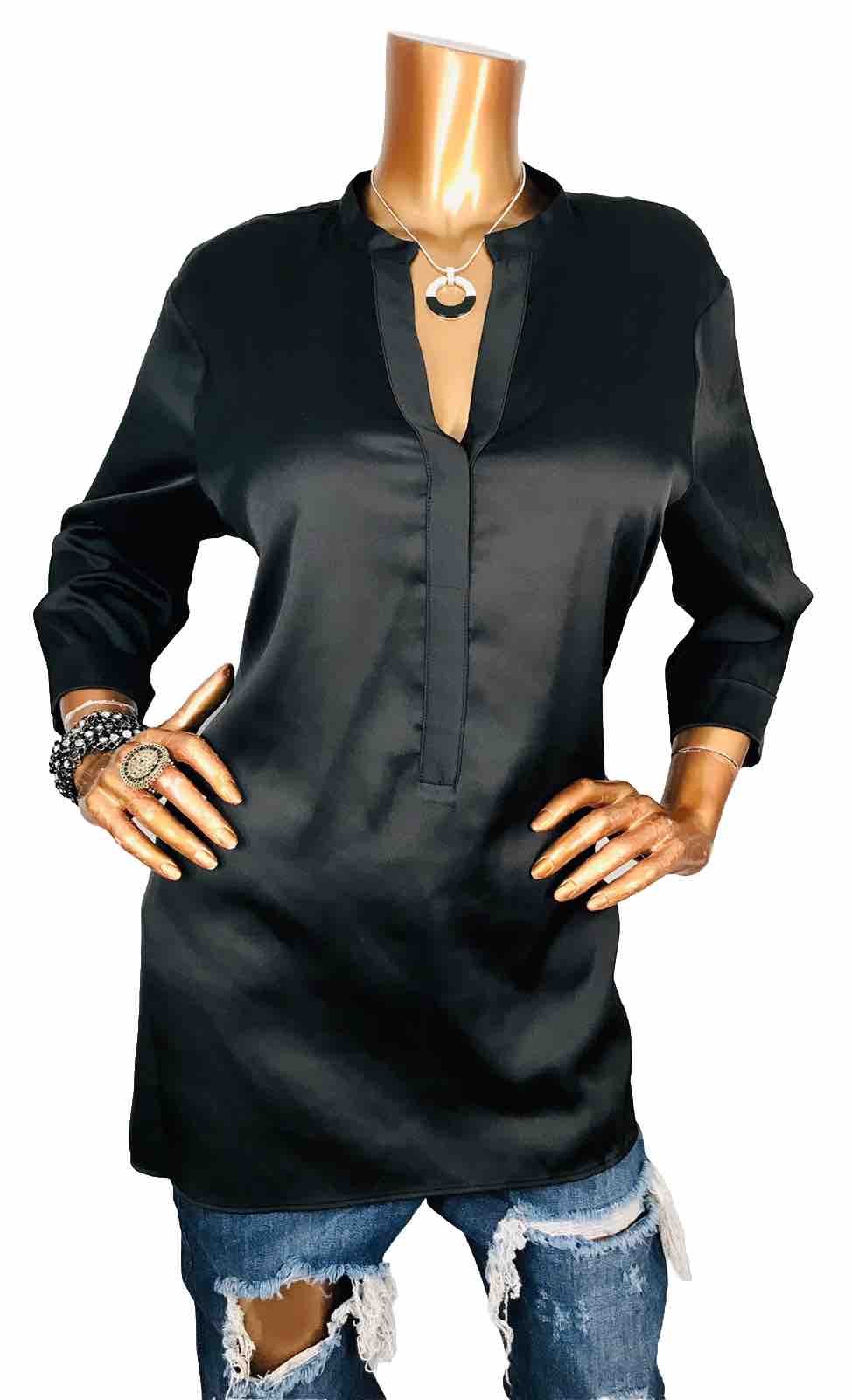 Worthington M Top NWT $37 Stretch Black Silky Satin Tunic Blouse Lite Wt Low Cut