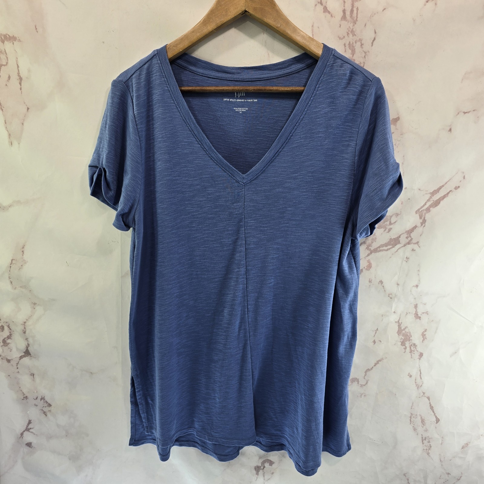 J Jill T Shirt Womens Medium Blue Pima Cotton Short Sleeve V Neck Tee Cuffed